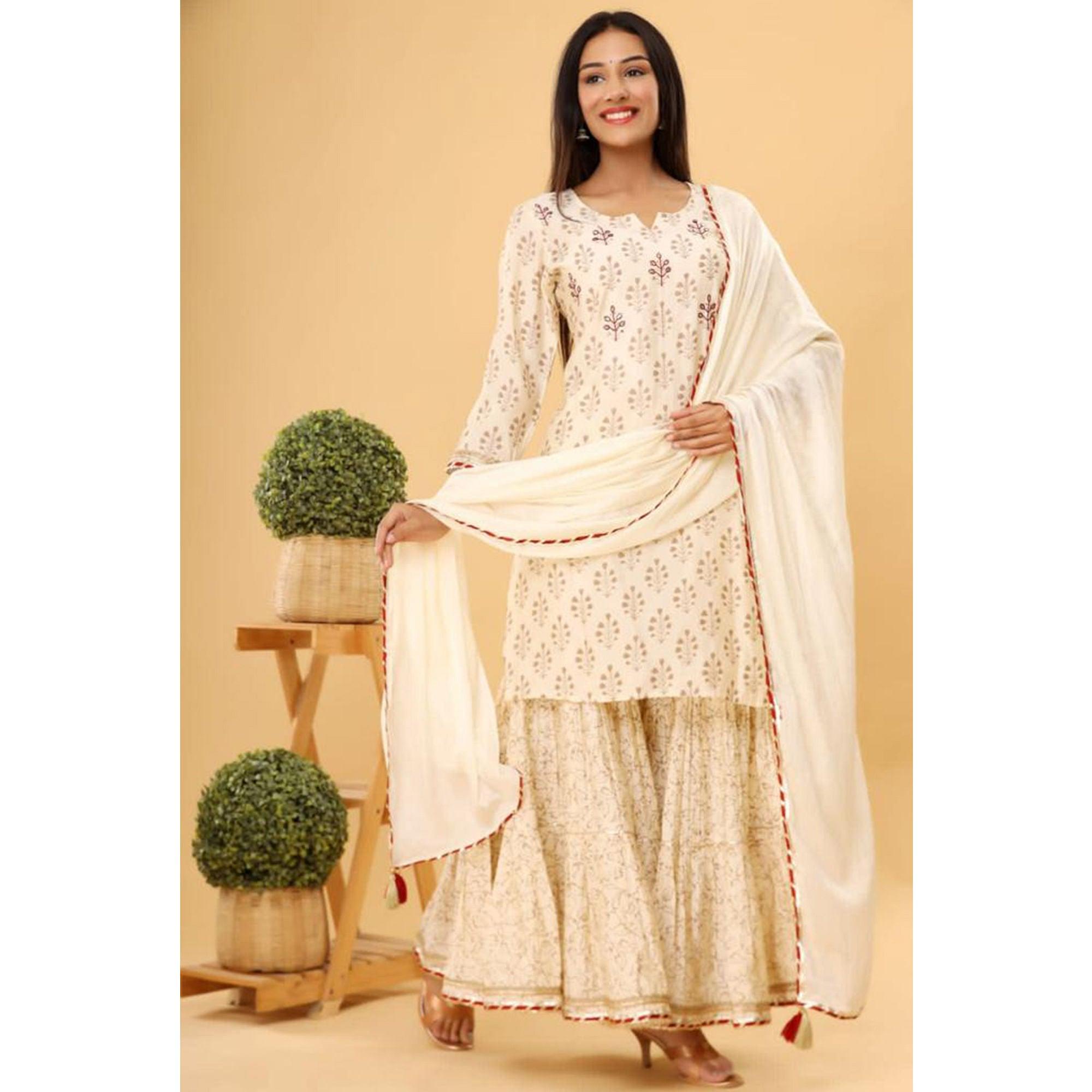 Off-White Partywear Embroidered With Print Cotton Silk Sharara Suit - Peachmode
