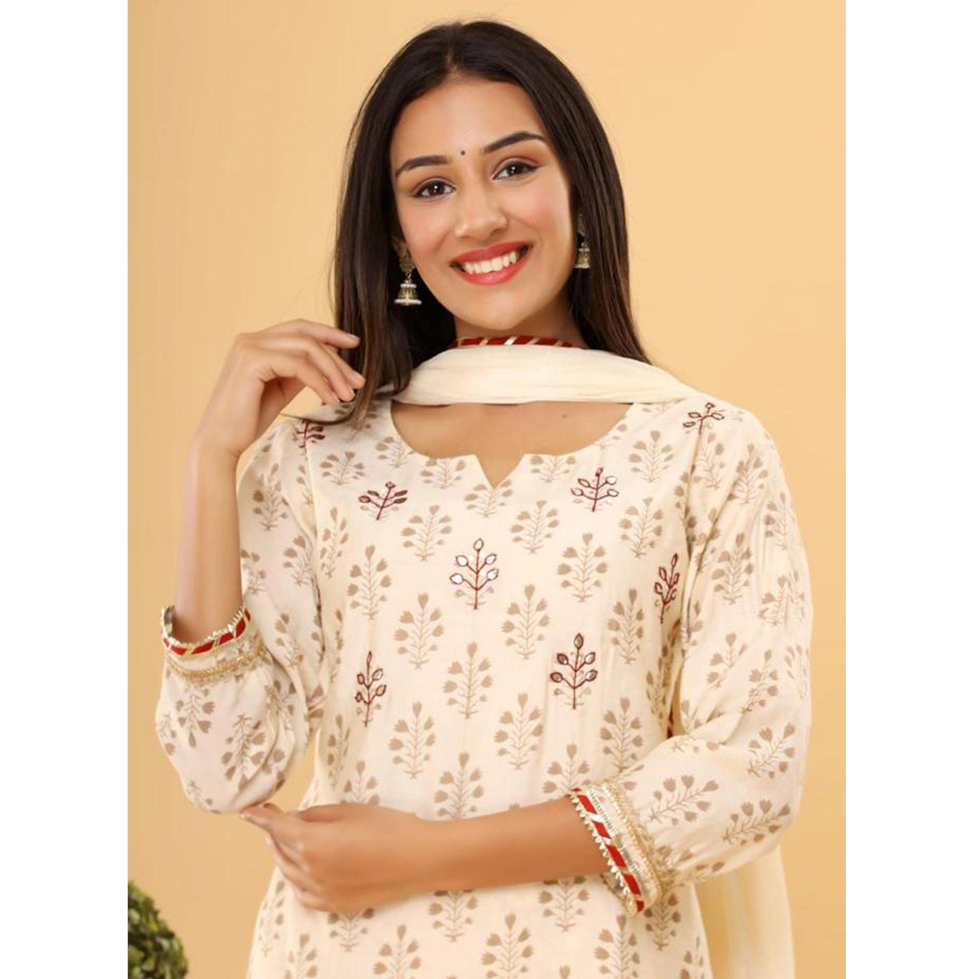 Off-White Partywear Embroidered With Print Cotton Silk Sharara Suit - Peachmode