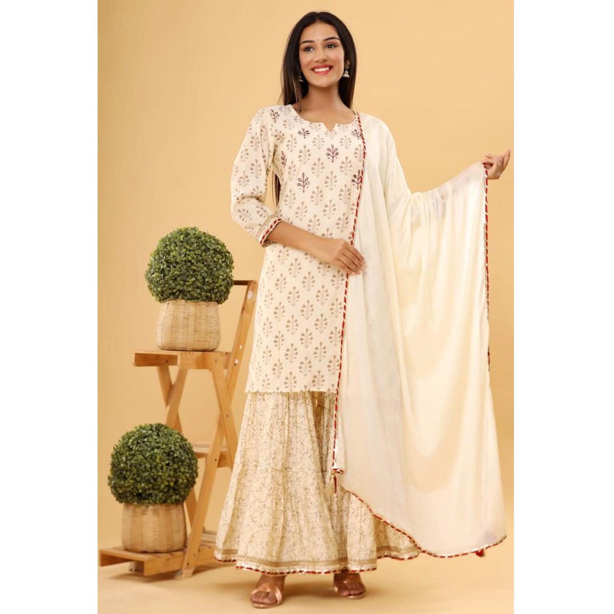 Off-White Partywear Embroidered With Print Cotton Silk Sharara Suit - Peachmode