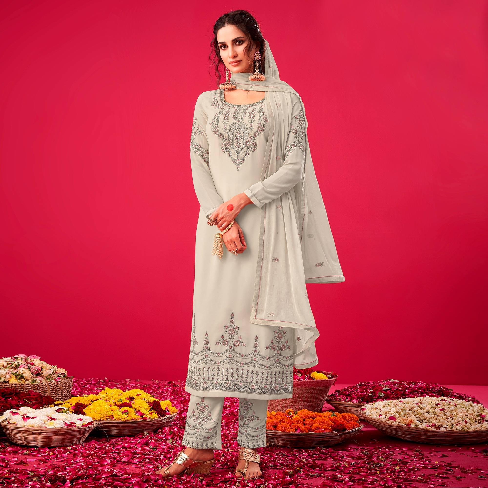 Off-White Partywear Floral Embroidered Georgette Straight Salwar Suit - Peachmode
