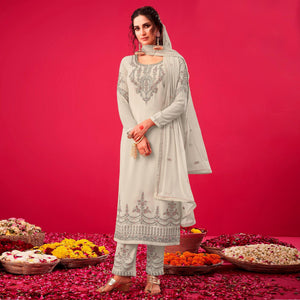 Off-White Partywear Floral Embroidered Georgette Straight Salwar Suit - Peachmode