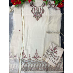 Off-White Partywear Floral Embroidered Georgette Straight Salwar Suit - Peachmode