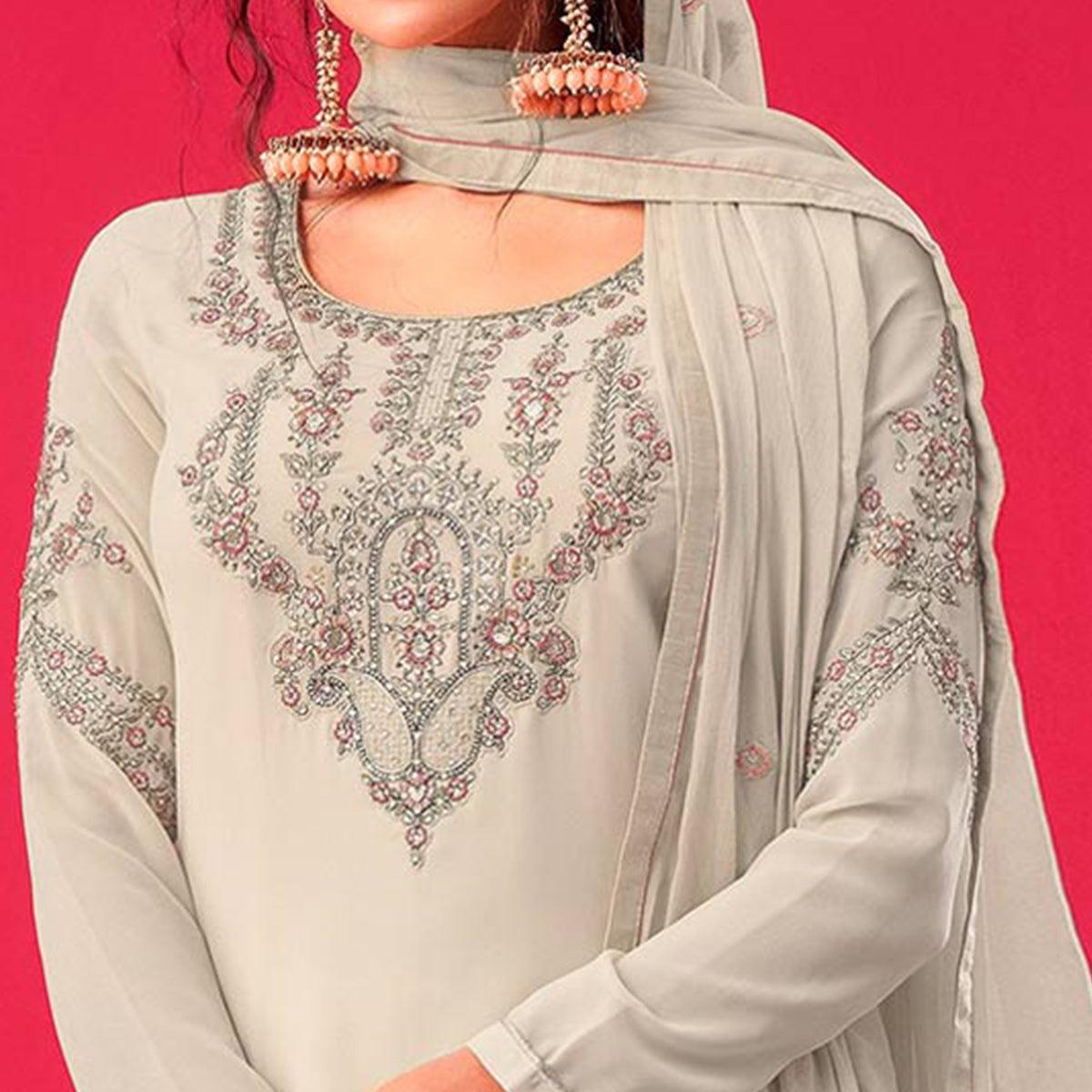 Off-White Partywear Floral Embroidered Georgette Straight Salwar Suit - Peachmode