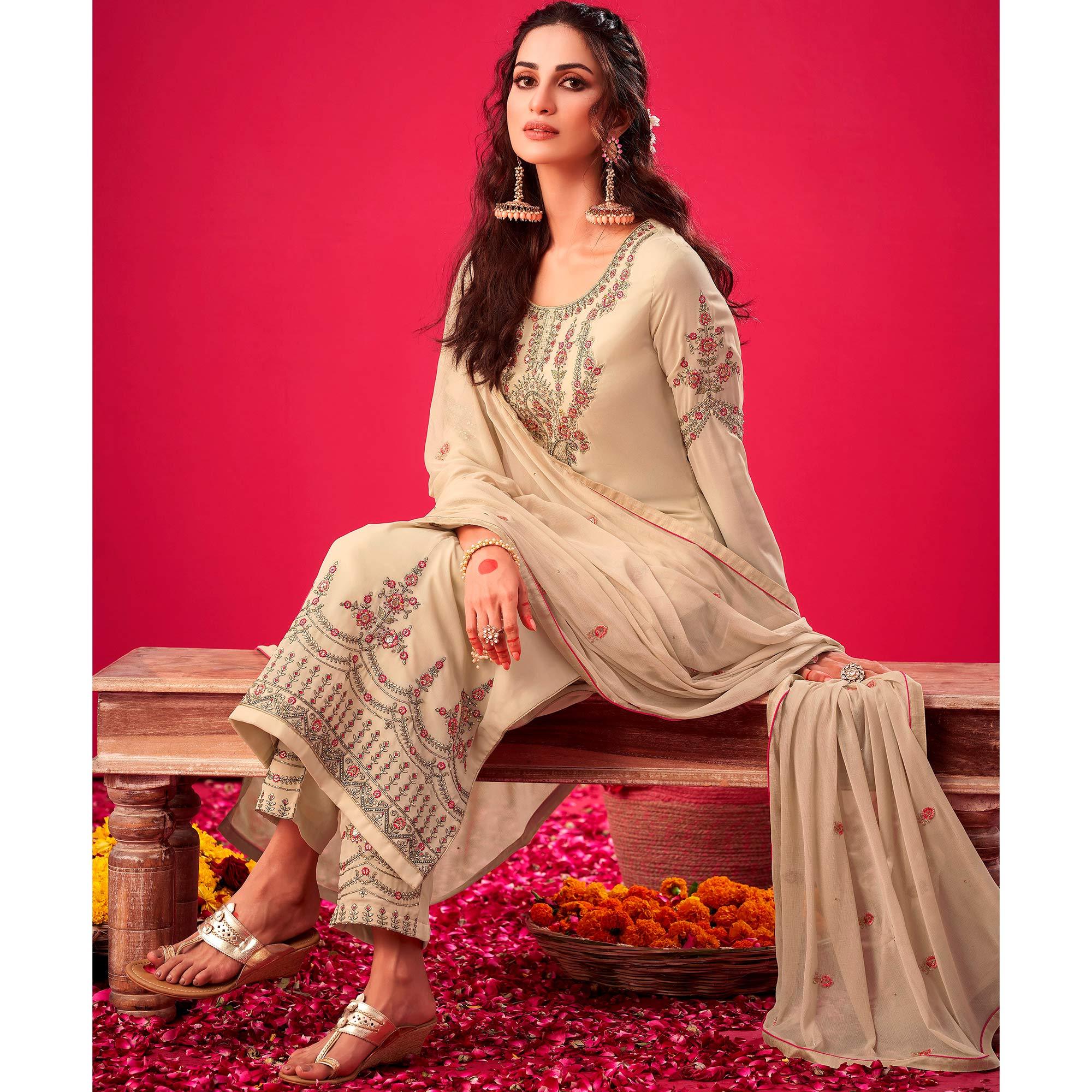 Off-White Partywear Floral Embroidered Georgette Straight Salwar Suit - Peachmode