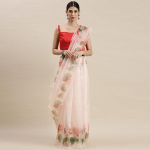 Off -White Partywear Printed Organza Saree - Peachmode