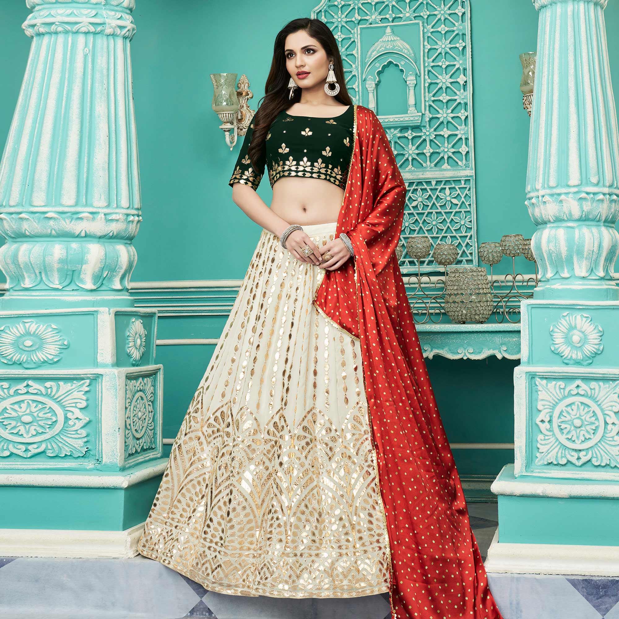 Off-White Partywear Sequence Embroidered Georgette Lehenga Choli - Peachmode