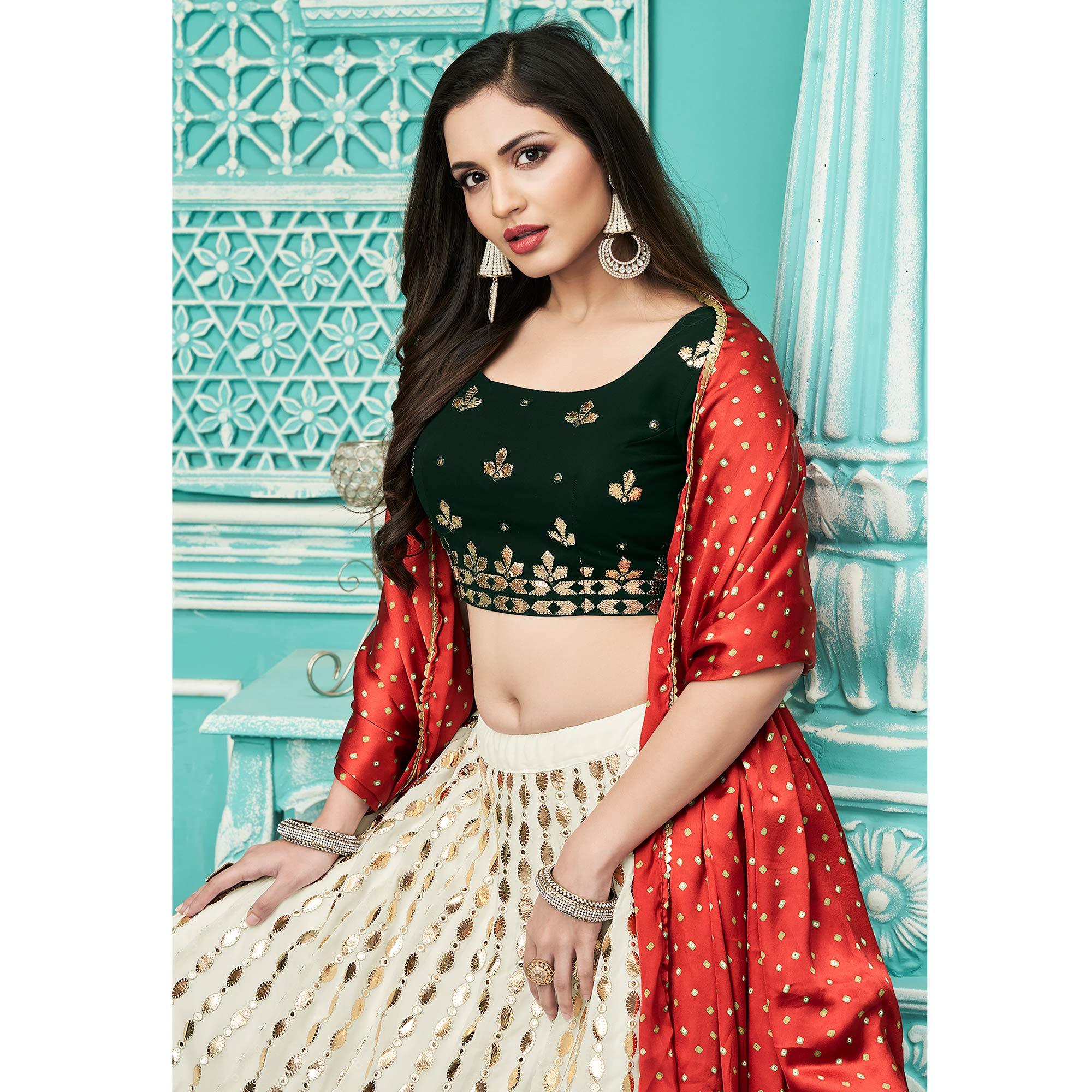 Off-White Partywear Sequence Embroidered Georgette Lehenga Choli - Peachmode