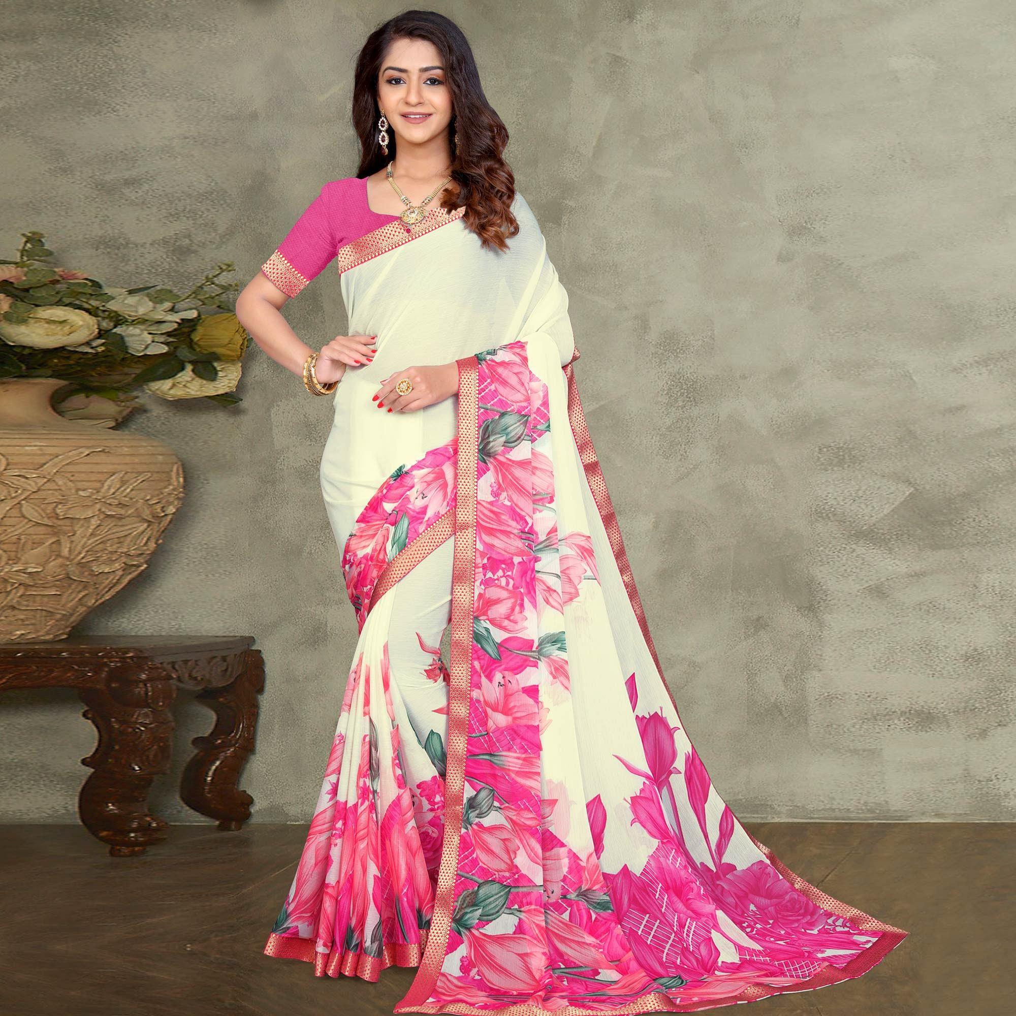 Off White-Pink Casual Wear Floral Printed Chiffon Saree - Peachmode