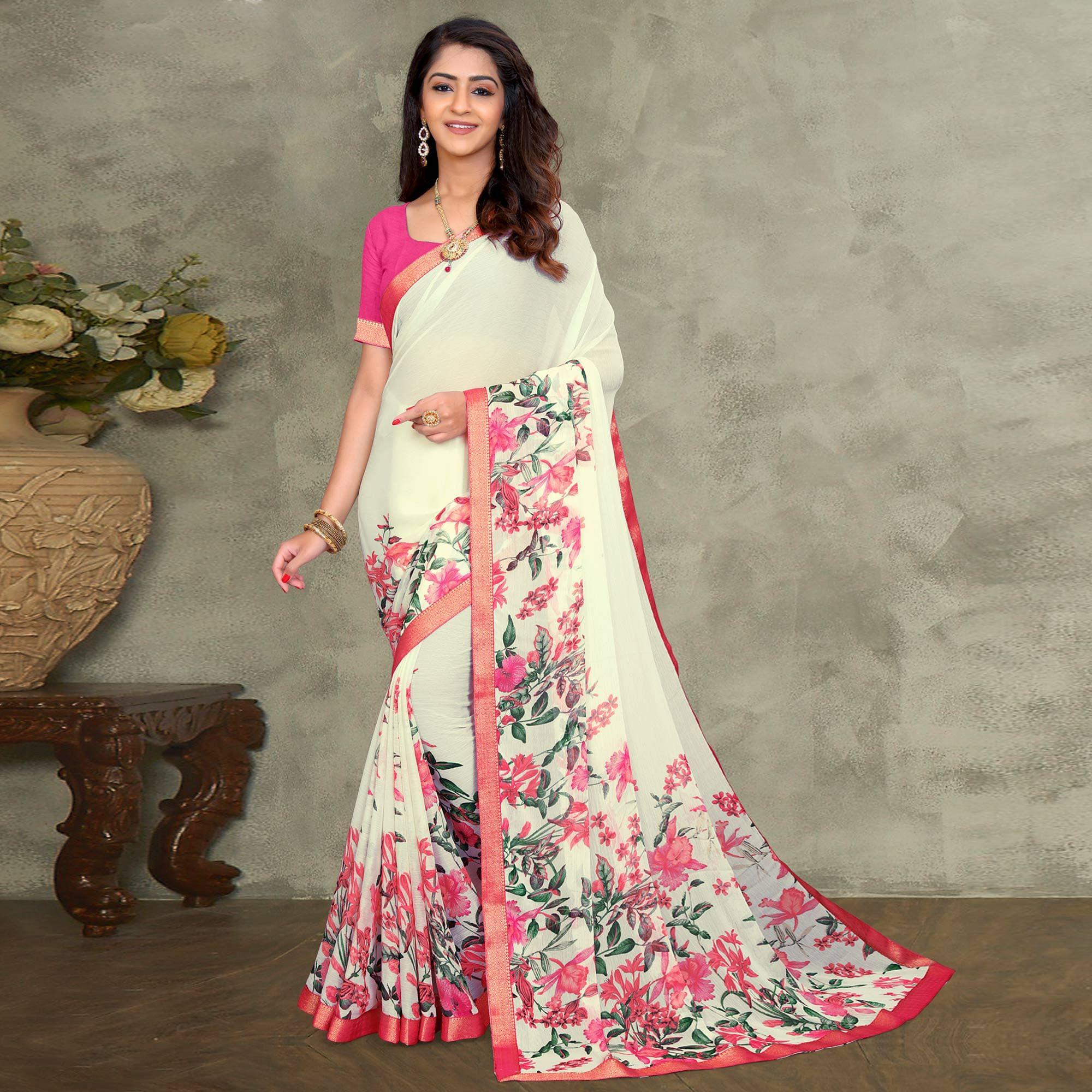 Off White-Pink Casual Wear Floral Printed Chiffon Saree - Peachmode