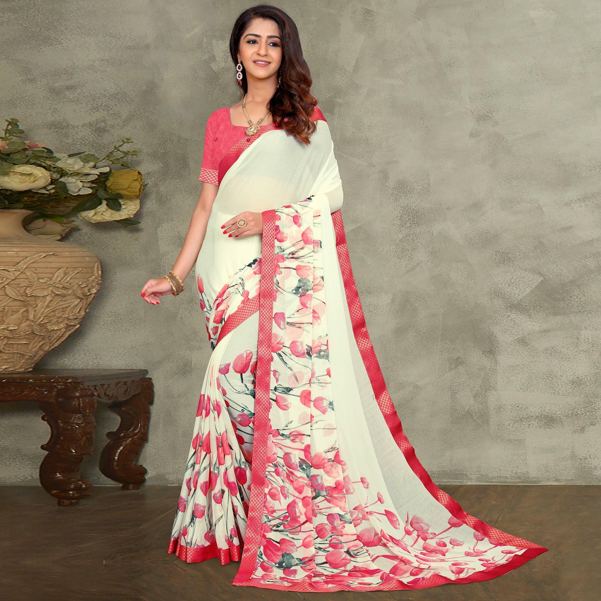Off White-Pink Casual Wear Floral Printed Chiffon Saree - Peachmode