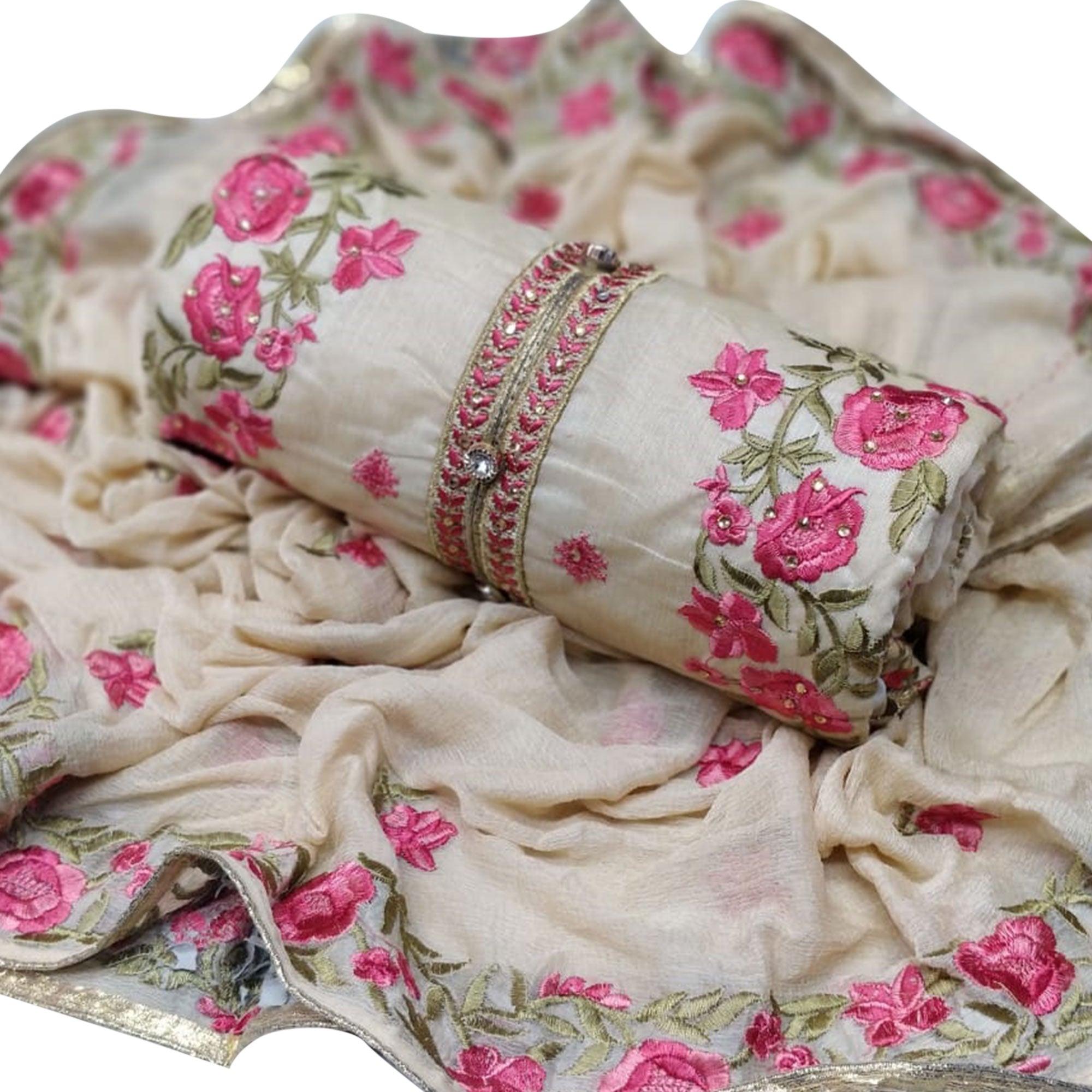 Off White - Pink Embroidered Chanderi Dress Material - Peachmode