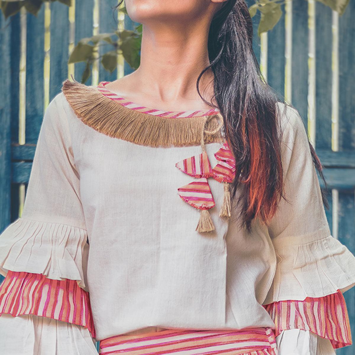 Off-White Printed Khaadi Top-Bottom Set - Peachmode