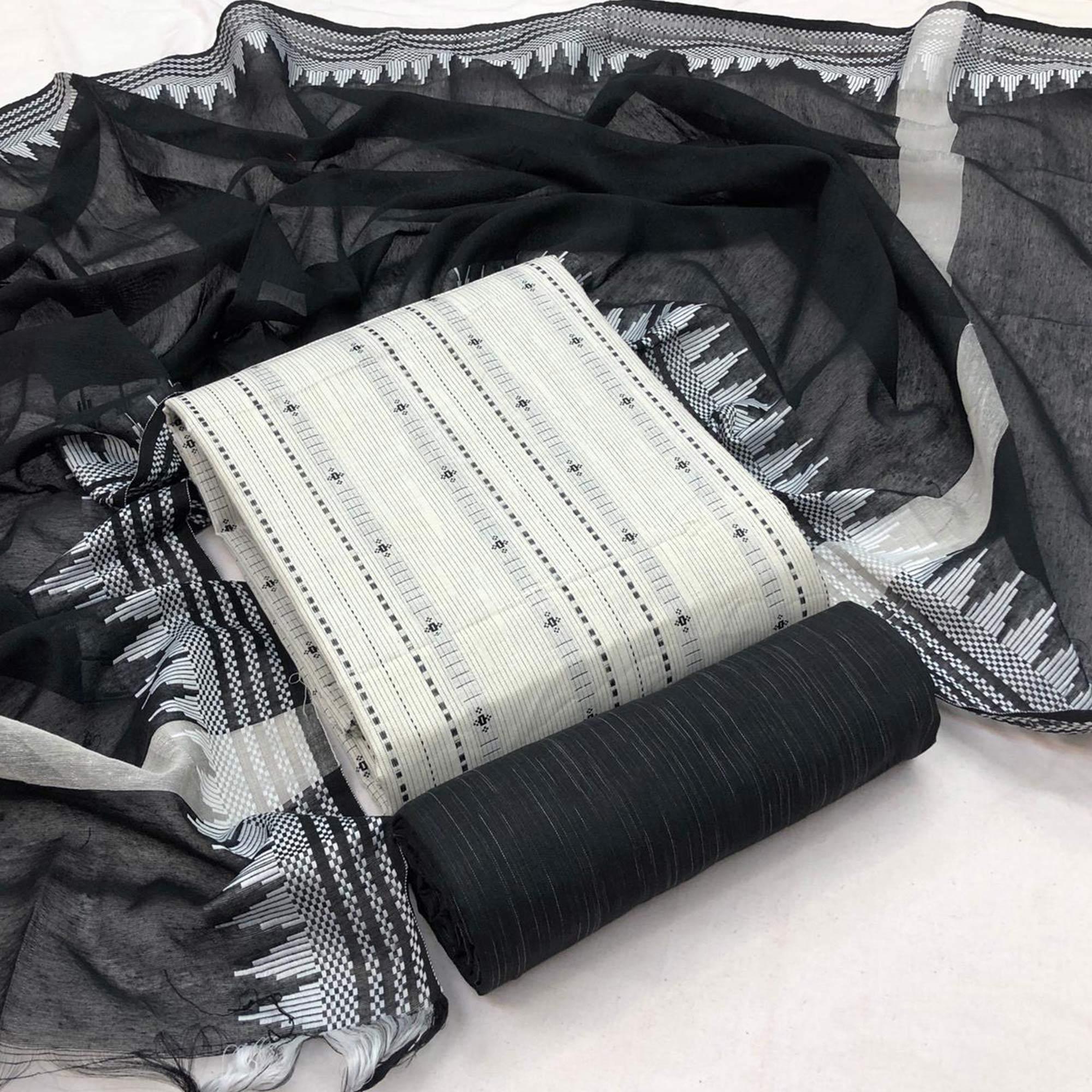 Off-White Printed Pure Cotton Dress Material - Peachmode