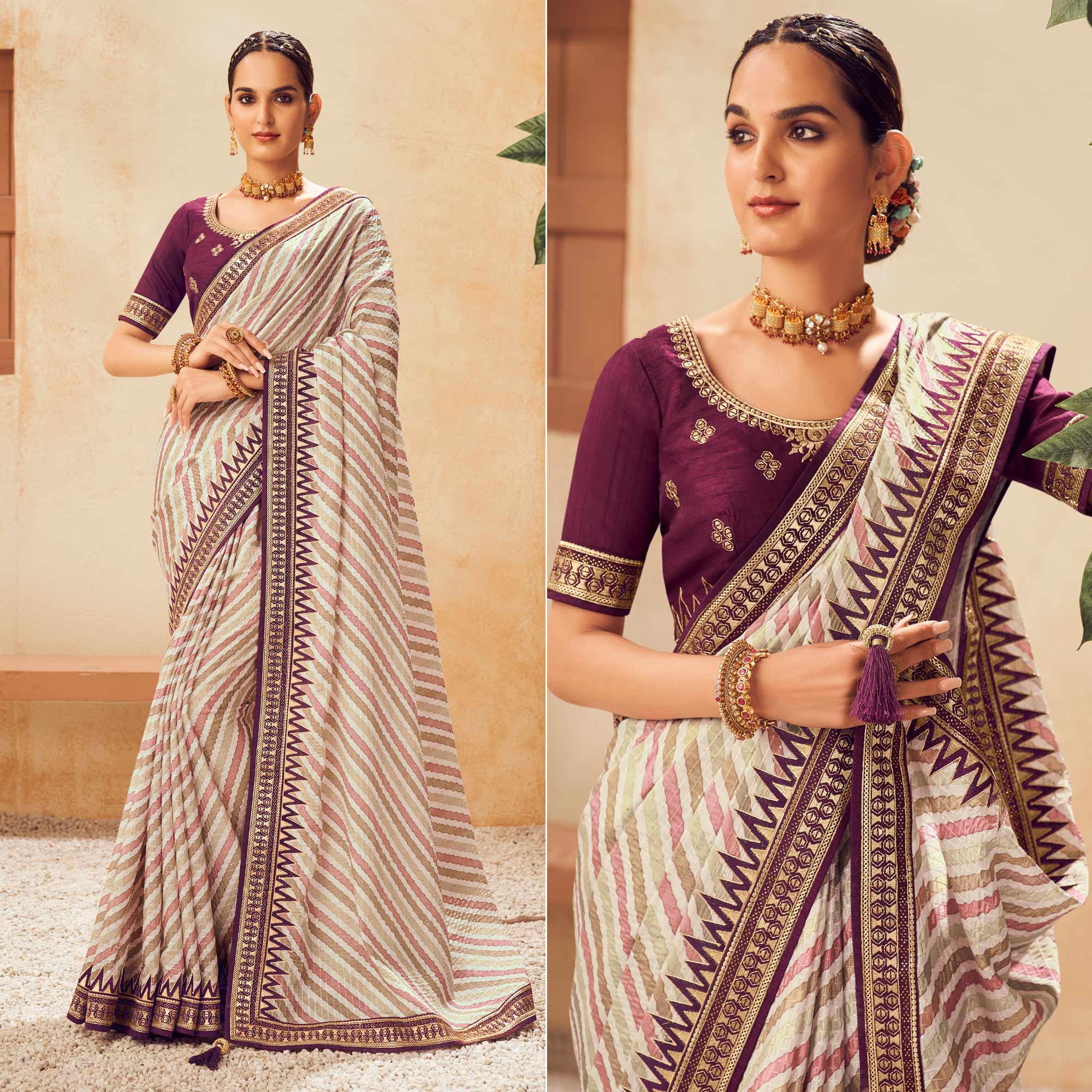 Off White Printed With Embellished Chiffon Saree With Tassels - Peachmode