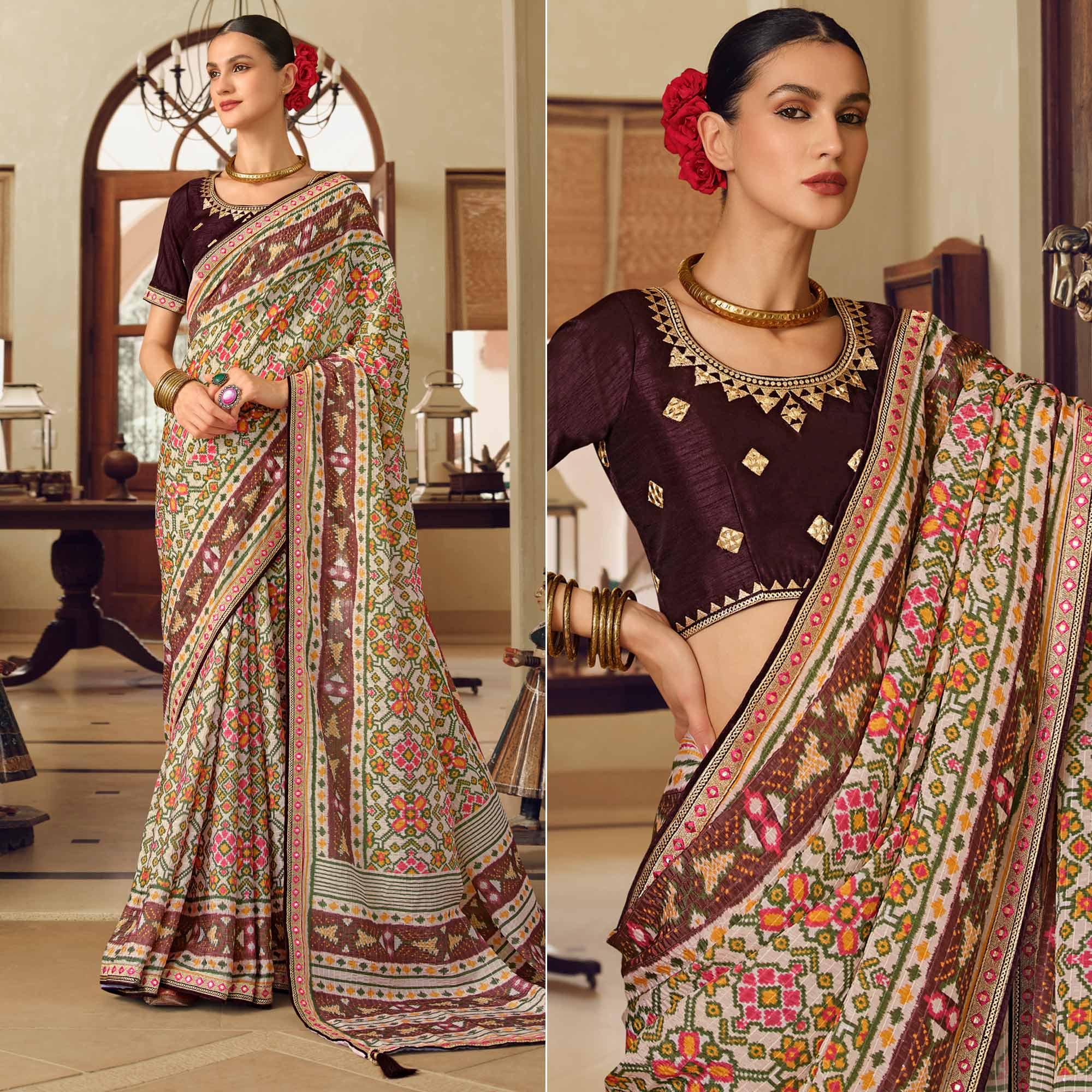 Off-White Printed With Embellished Chiffon Saree With Tassels - Peachmode