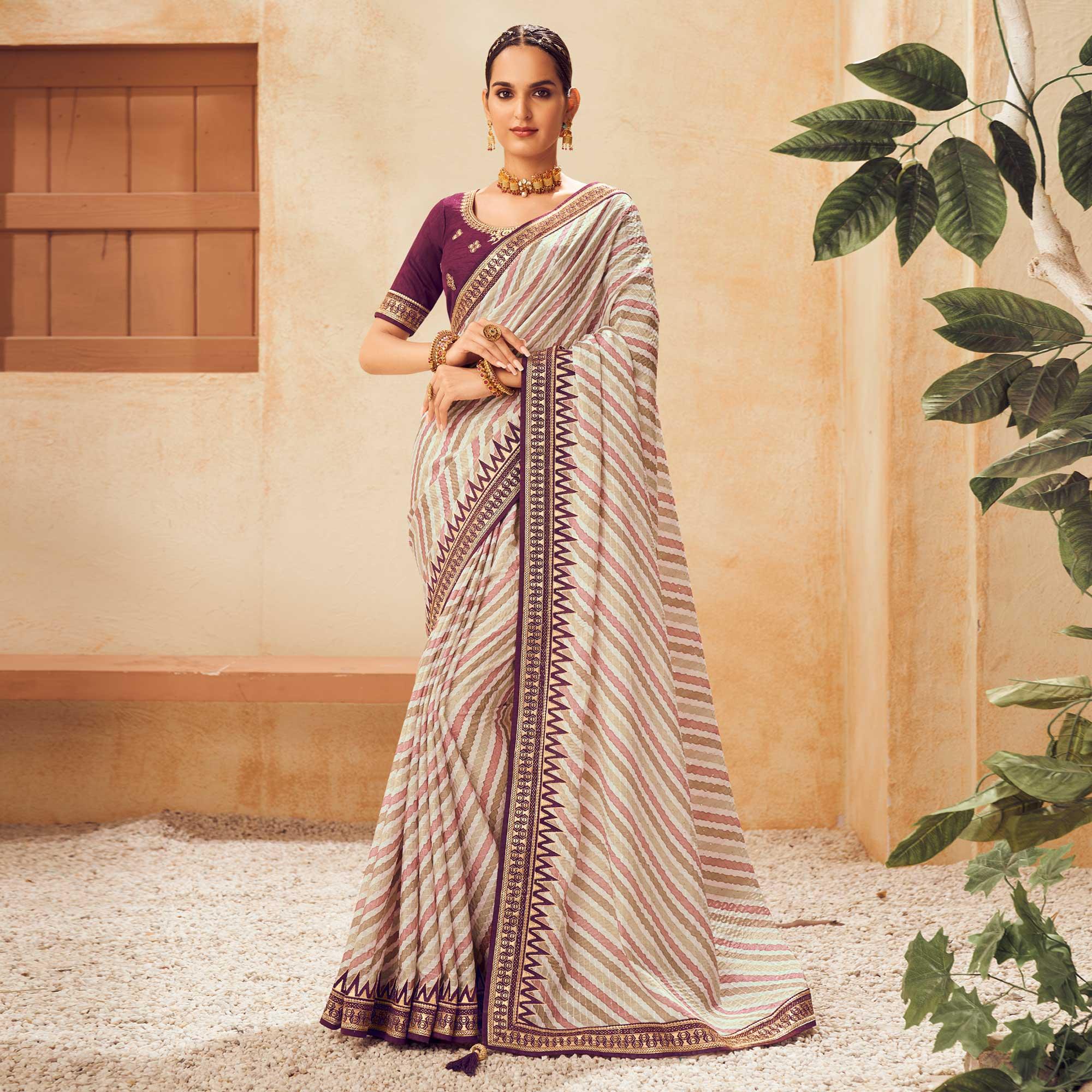 Off White Printed With Embellished Chiffon Saree With Tassels - Peachmode