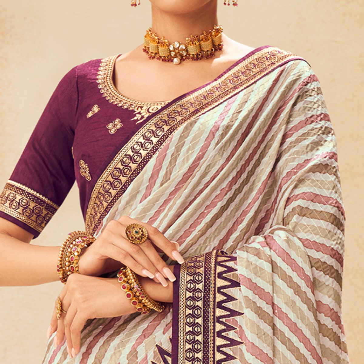 Off White Printed With Embellished Chiffon Saree With Tassels - Peachmode