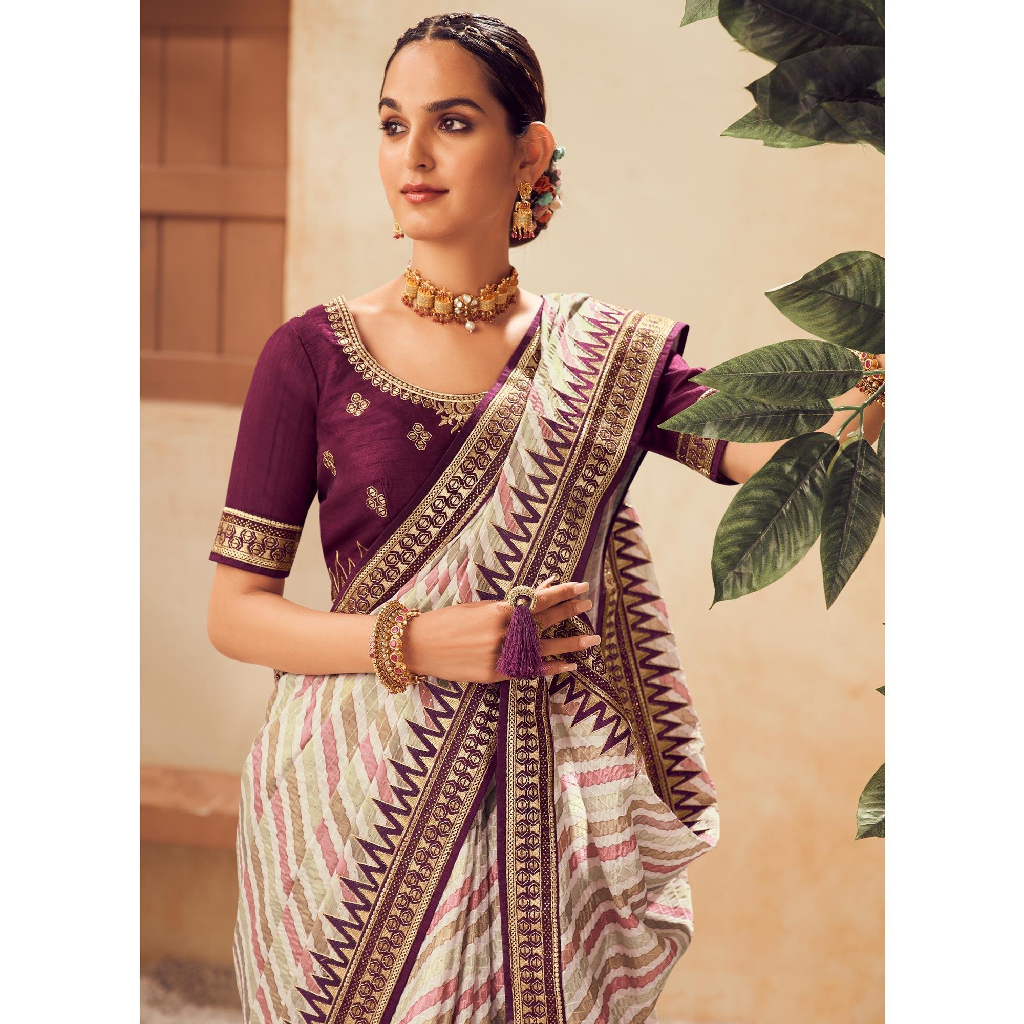 Off White Printed With Embellished Chiffon Saree With Tassels - Peachmode