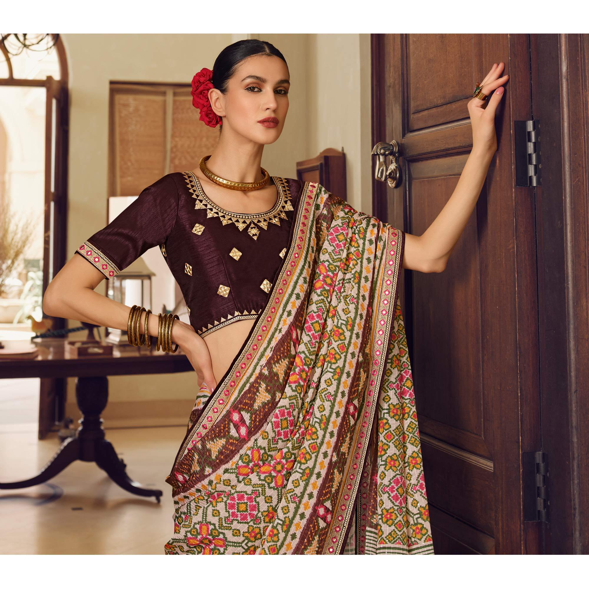 Off-White Printed With Embellished Chiffon Saree With Tassels - Peachmode