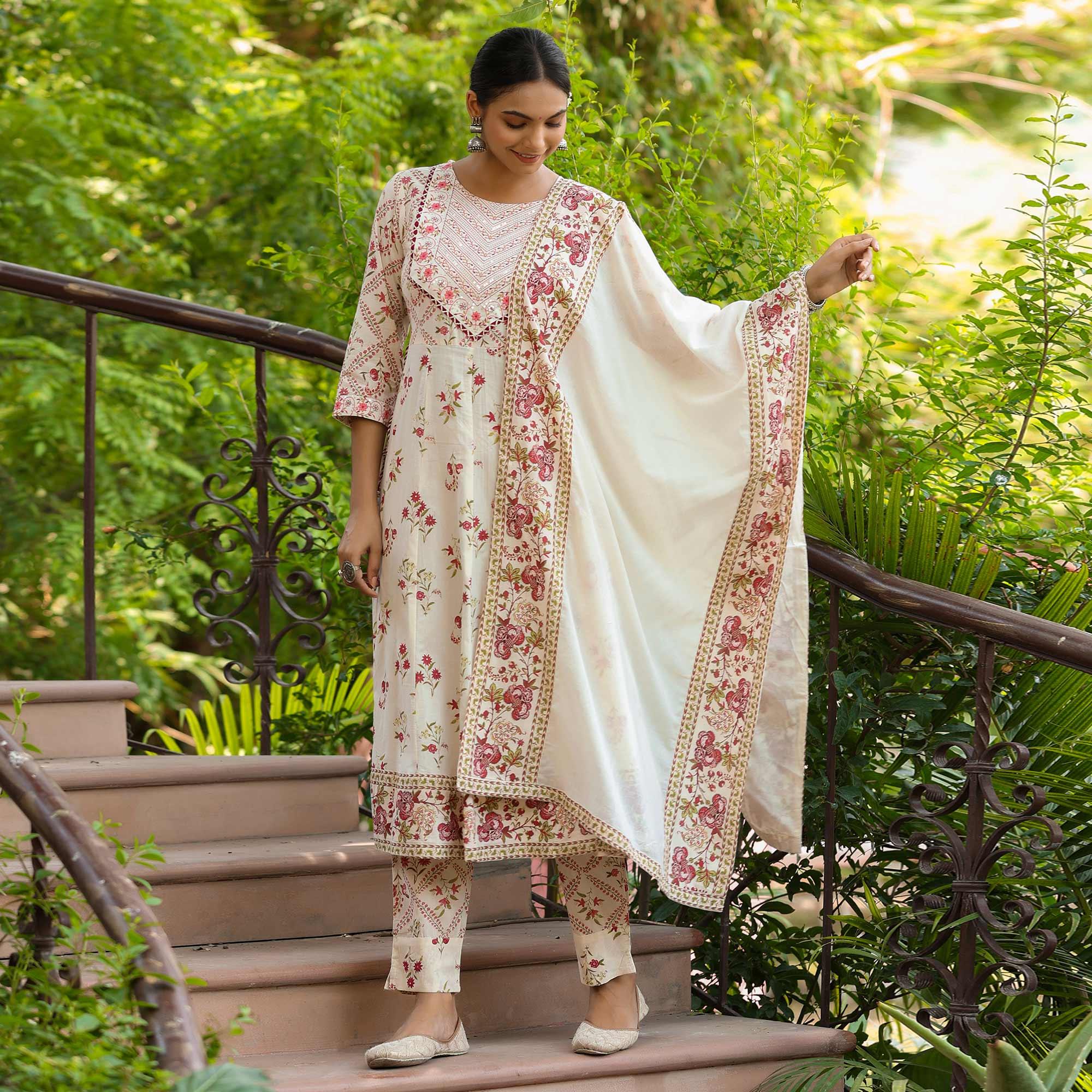 Off White Printed With Embroidered Pure Cotton Anarkali Suit - Peachmode