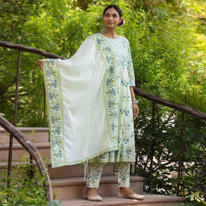 Off White Printed With Embroidered Pure Cotton Anarkali Suit - Peachmode