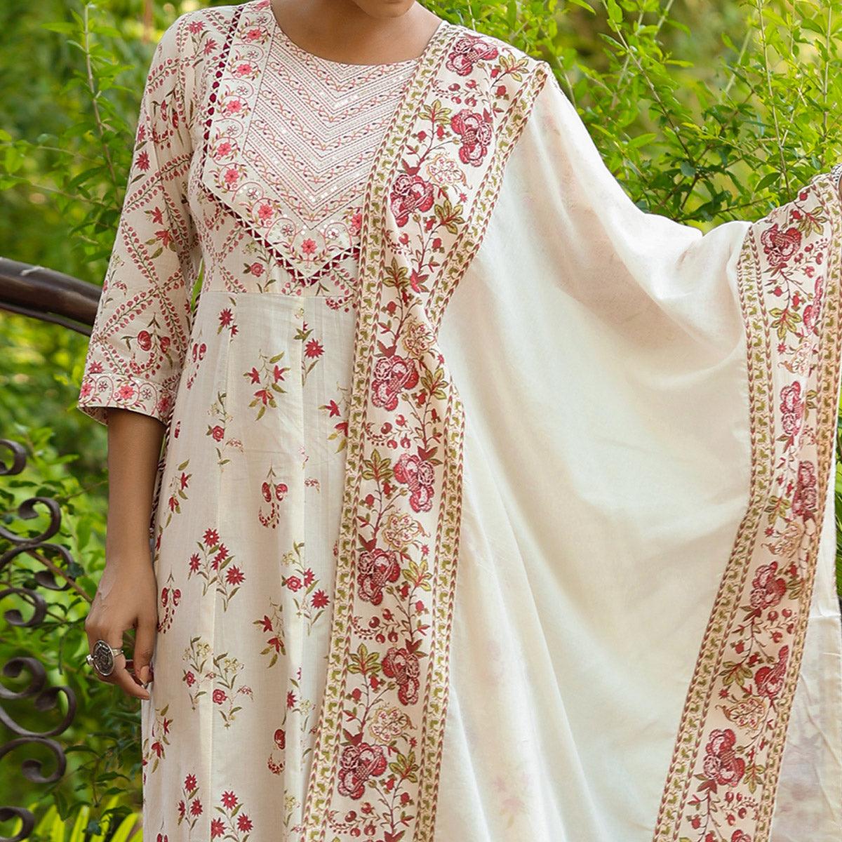 Off White Printed With Embroidered Pure Cotton Anarkali Suit - Peachmode