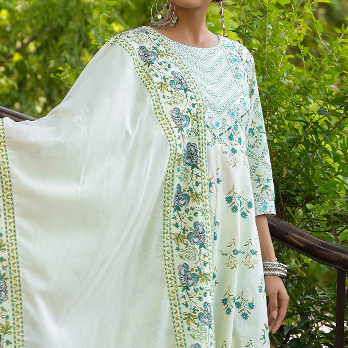 Off White Printed With Embroidered Pure Cotton Anarkali Suit - Peachmode