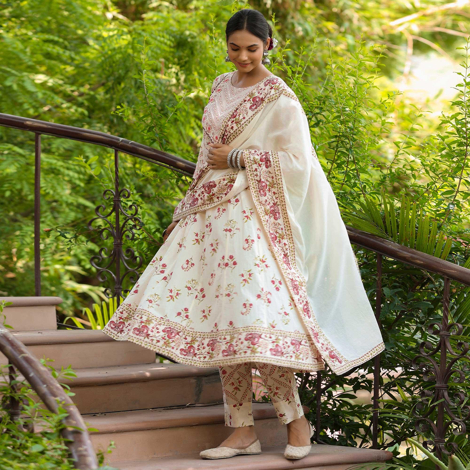 Off White Printed With Embroidered Pure Cotton Anarkali Suit - Peachmode