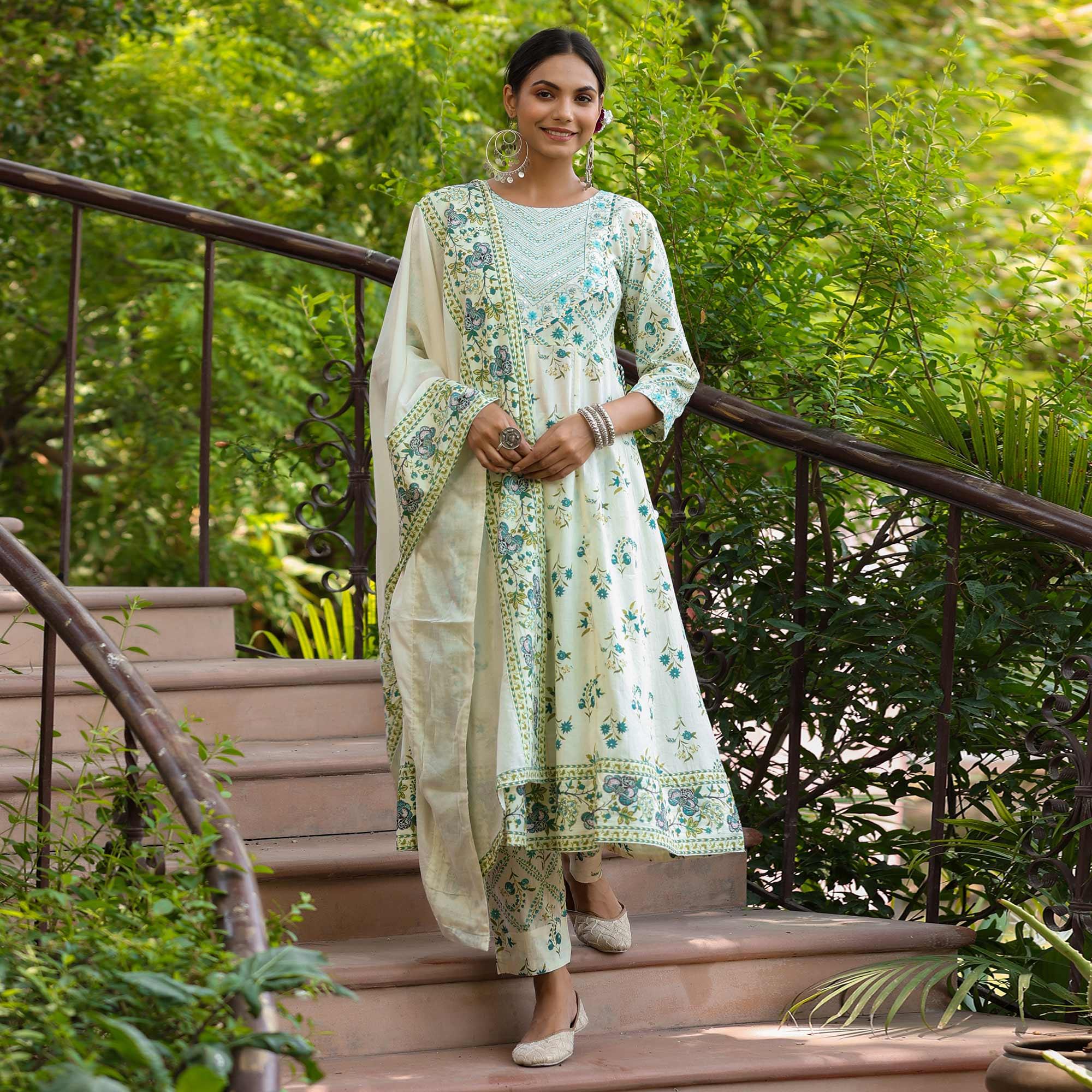 Off White Printed With Embroidered Pure Cotton Anarkali Suit - Peachmode