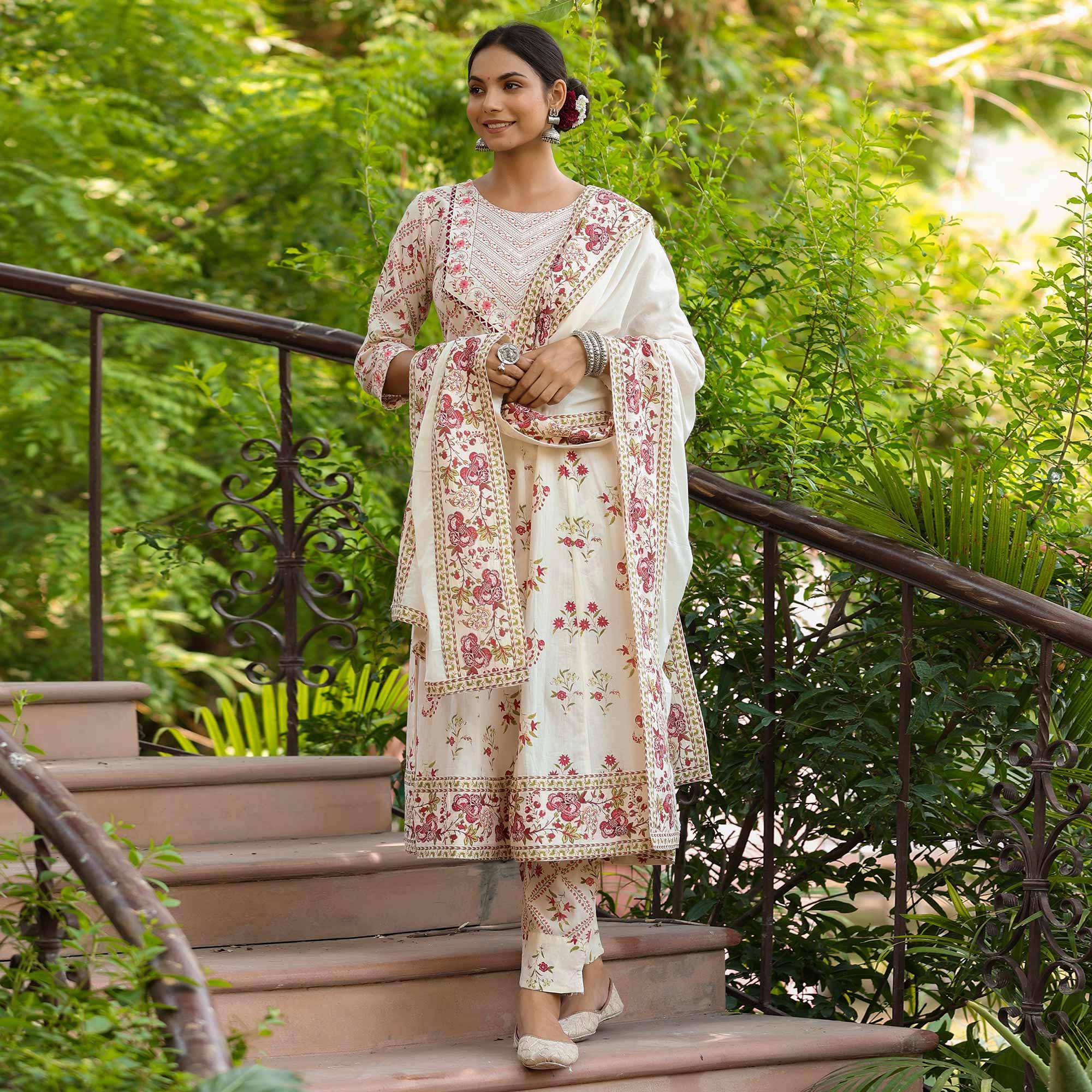 Off White Printed With Embroidered Pure Cotton Anarkali Suit - Peachmode