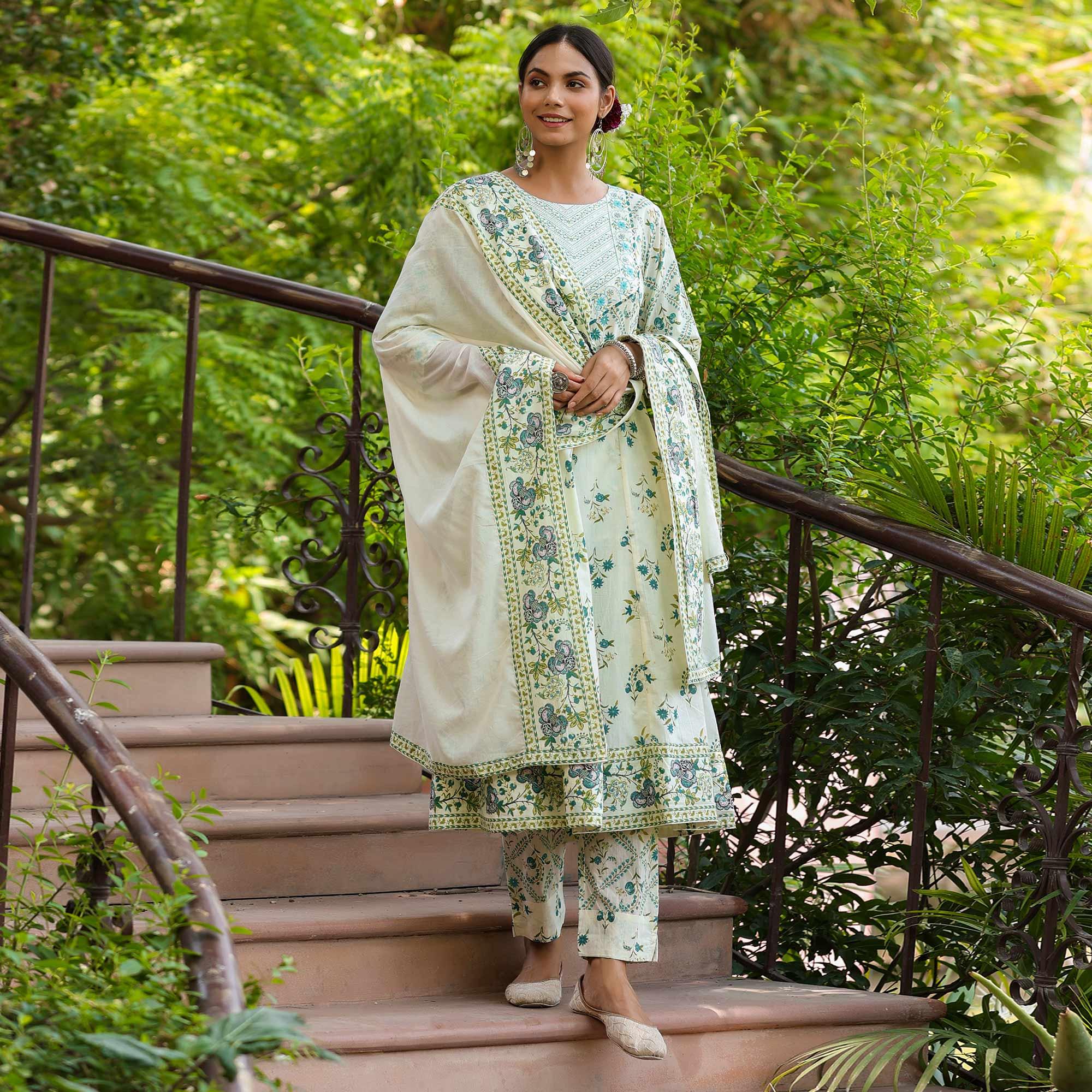 Off White Printed With Embroidered Pure Cotton Anarkali Suit - Peachmode