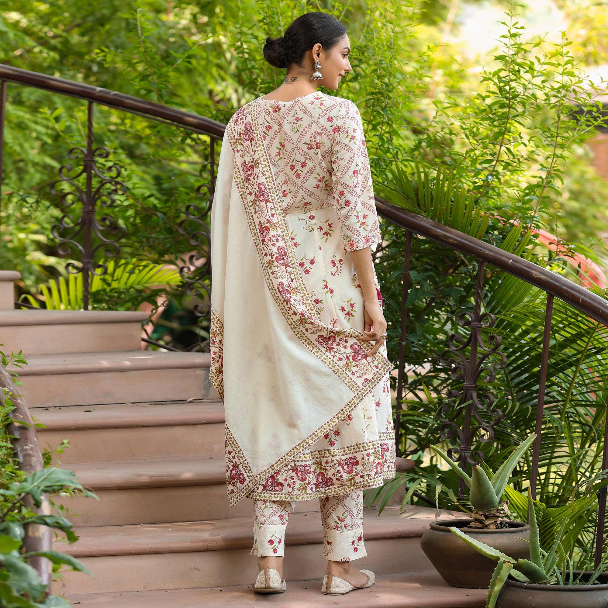 Off White Printed With Embroidered Pure Cotton Anarkali Suit - Peachmode