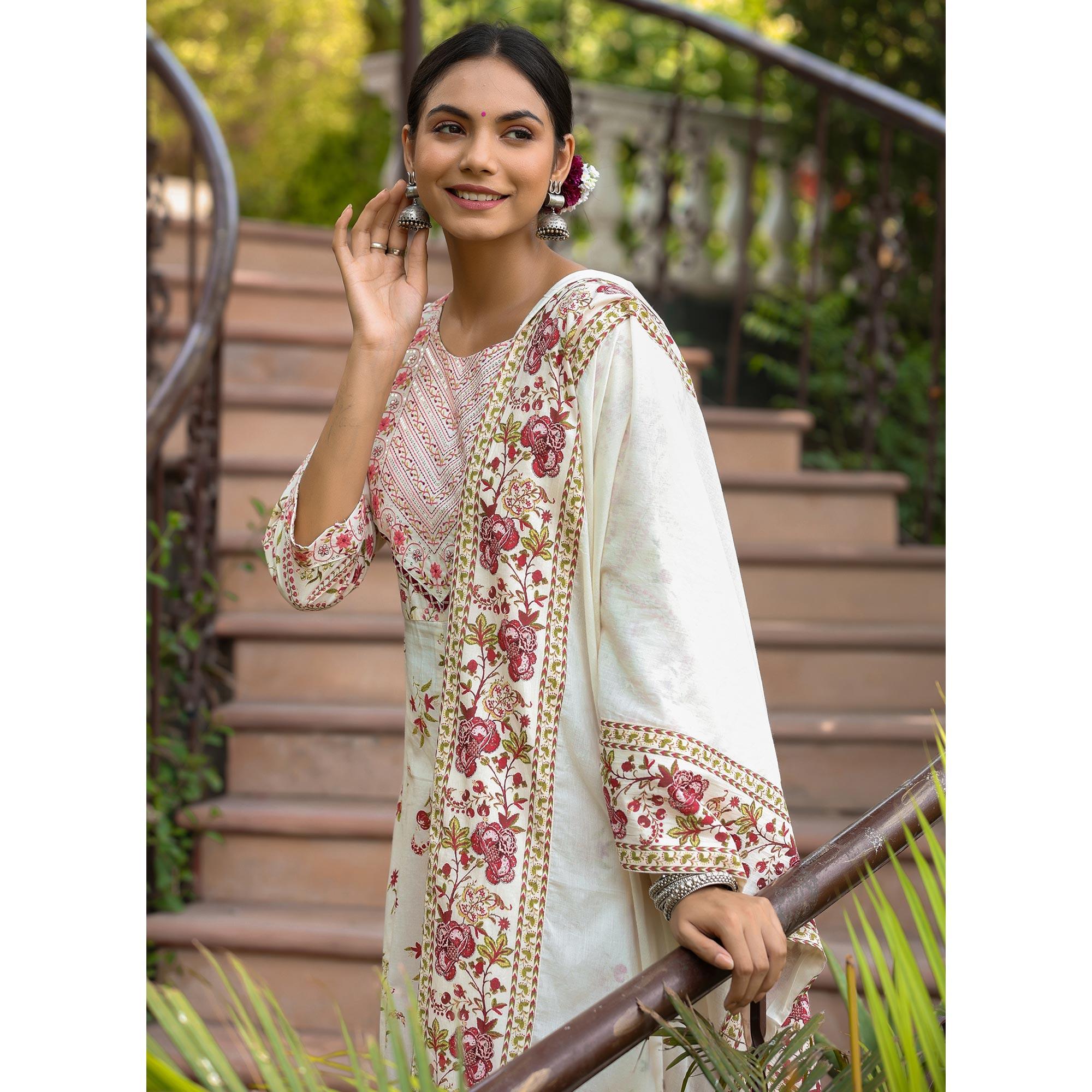 Off White Printed With Embroidered Pure Cotton Anarkali Suit - Peachmode