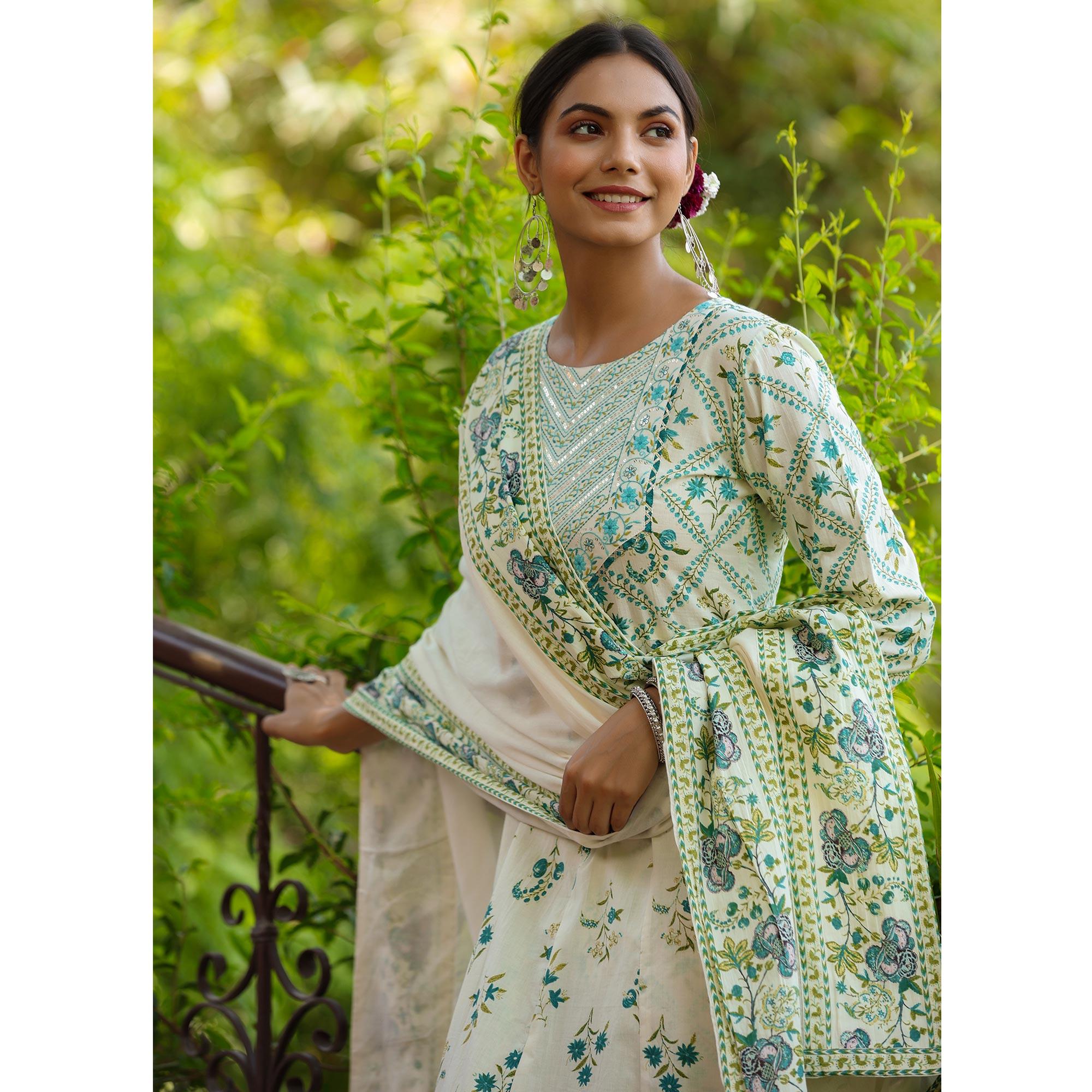Off White Printed With Embroidered Pure Cotton Anarkali Suit - Peachmode