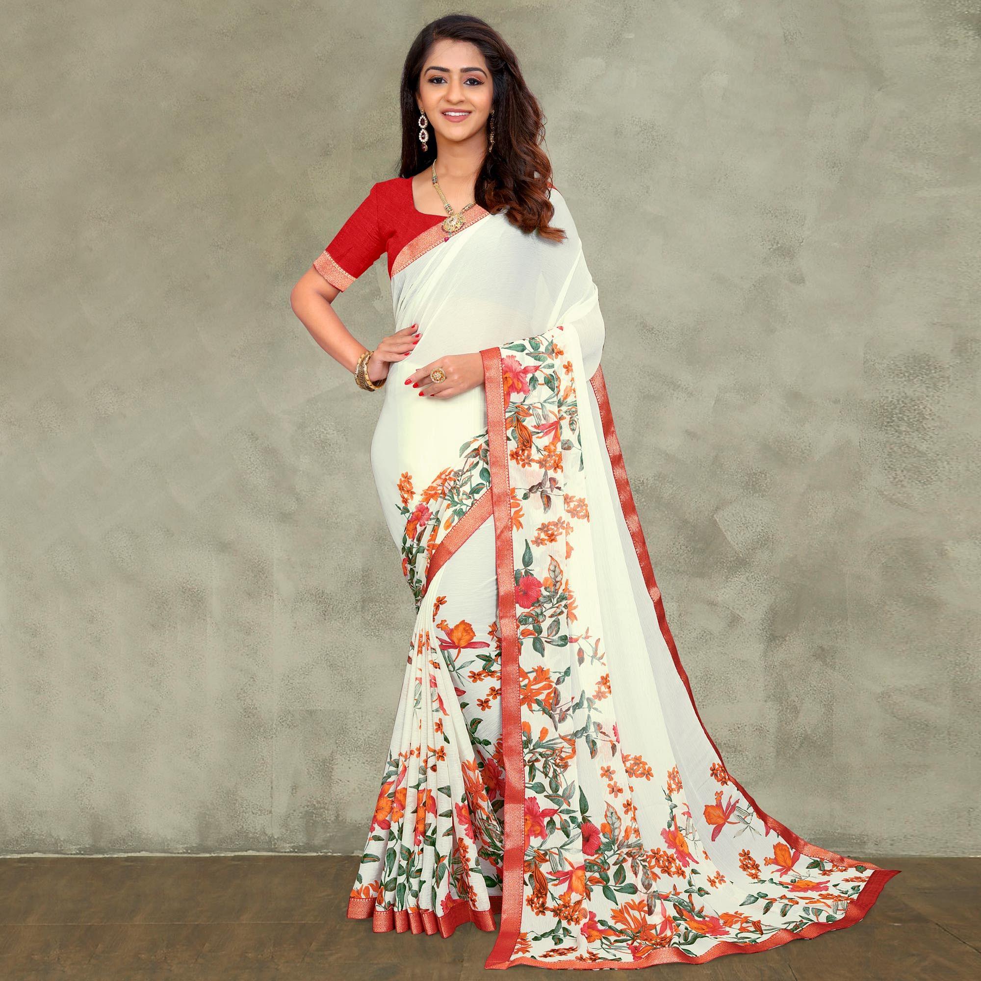 Off White-Red Casual Wear Floral Printed Chiffon Saree - Peachmode