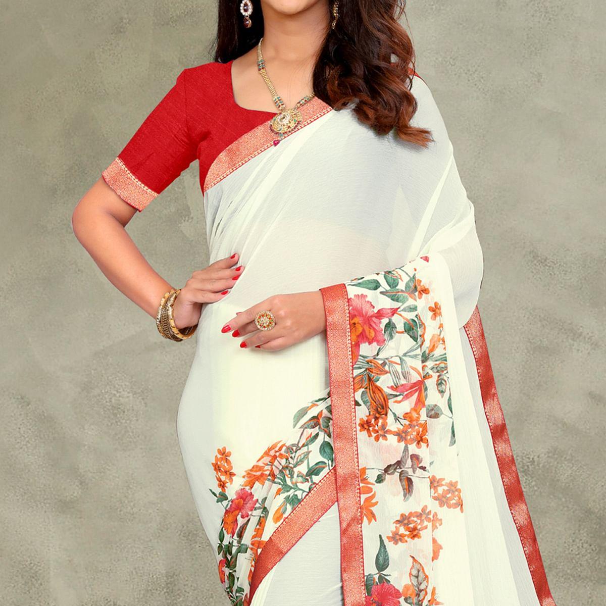 Off White-Red Casual Wear Floral Printed Chiffon Saree - Peachmode