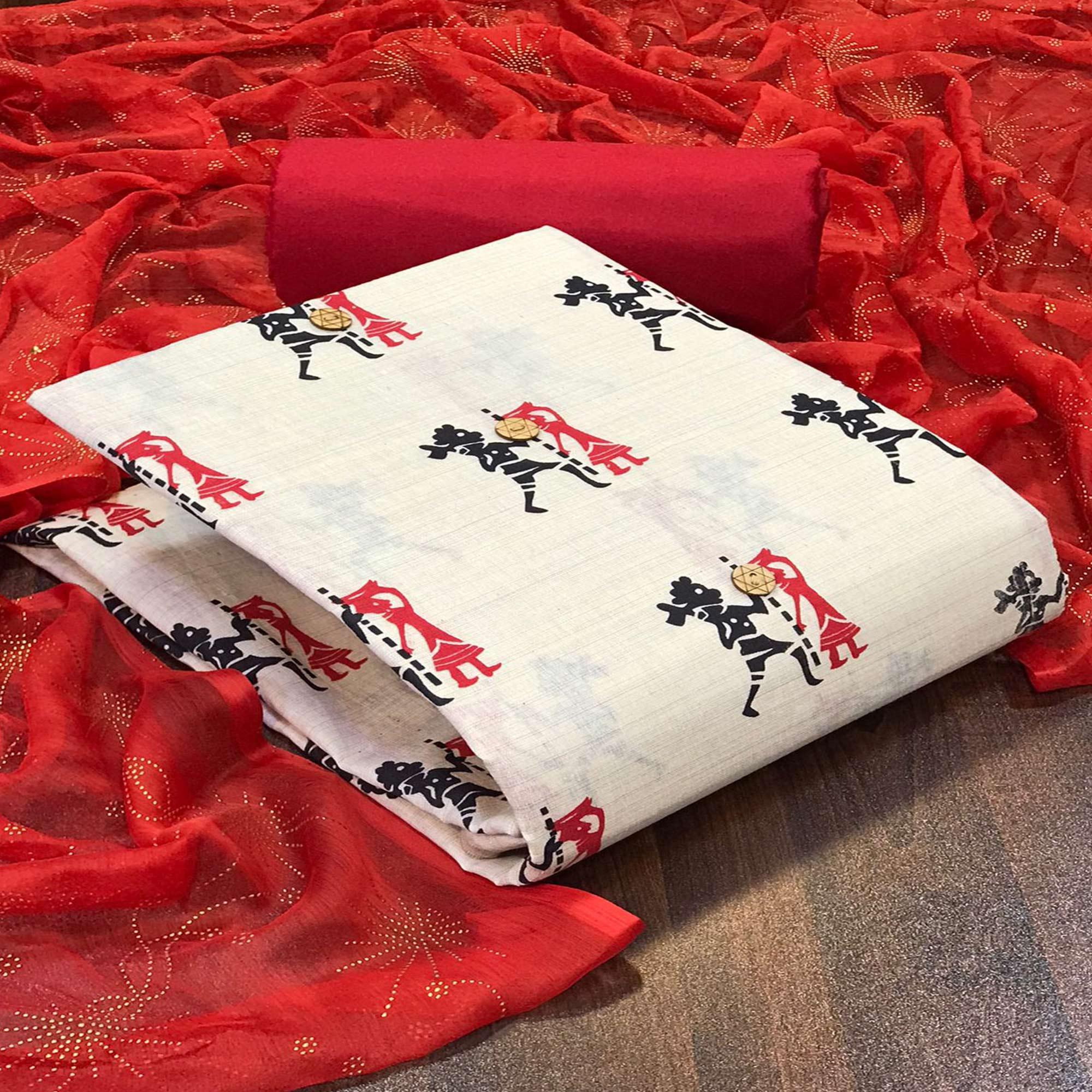 Off White - Red Casual Wear Printed Cotton Dress Material - Peachmode
