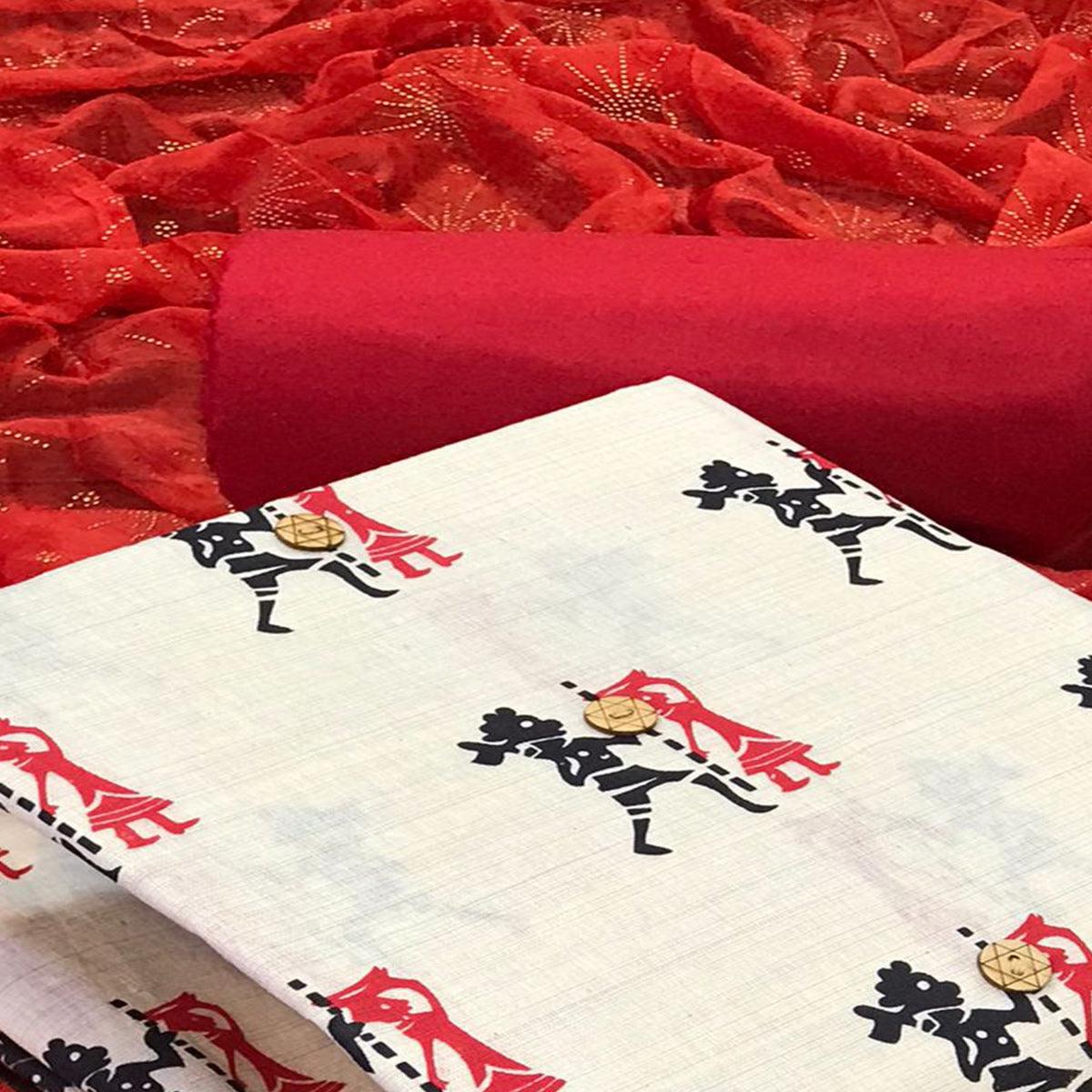 Off White - Red Casual Wear Printed Cotton Dress Material - Peachmode
