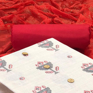 Off White - Red Casual Wear Printed Cotton Dress Material - Peachmode