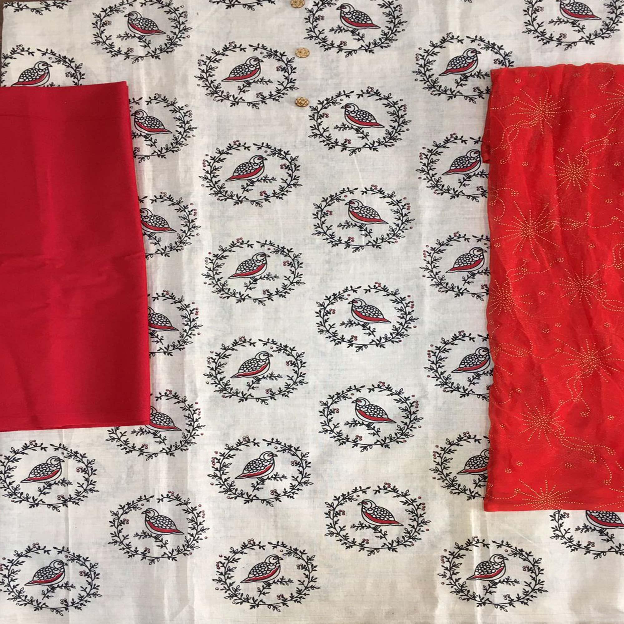 Off White - Red Casual Wear Printed Cotton Dress Material - Peachmode