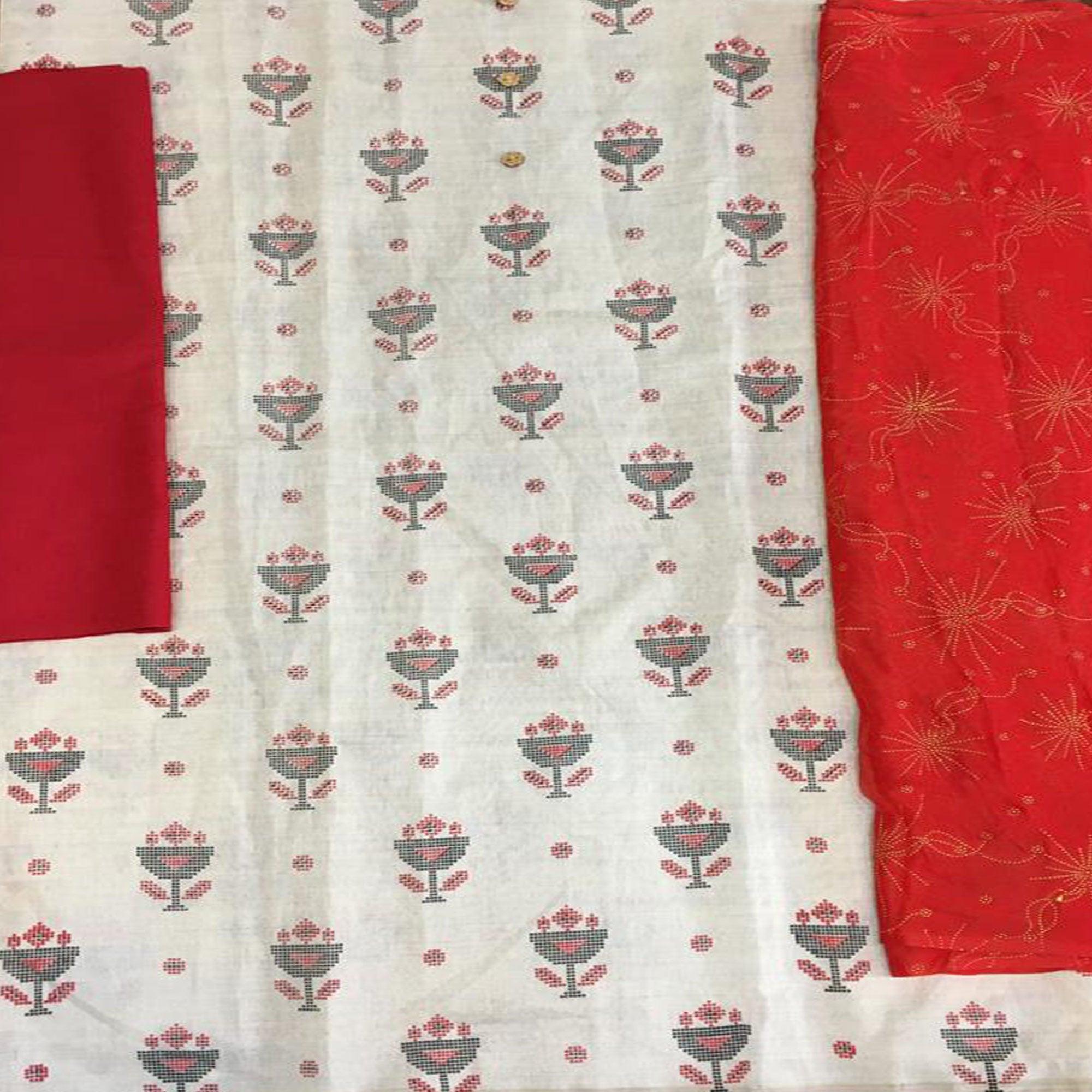 Off White - Red Casual Wear Printed Cotton Dress Material - Peachmode