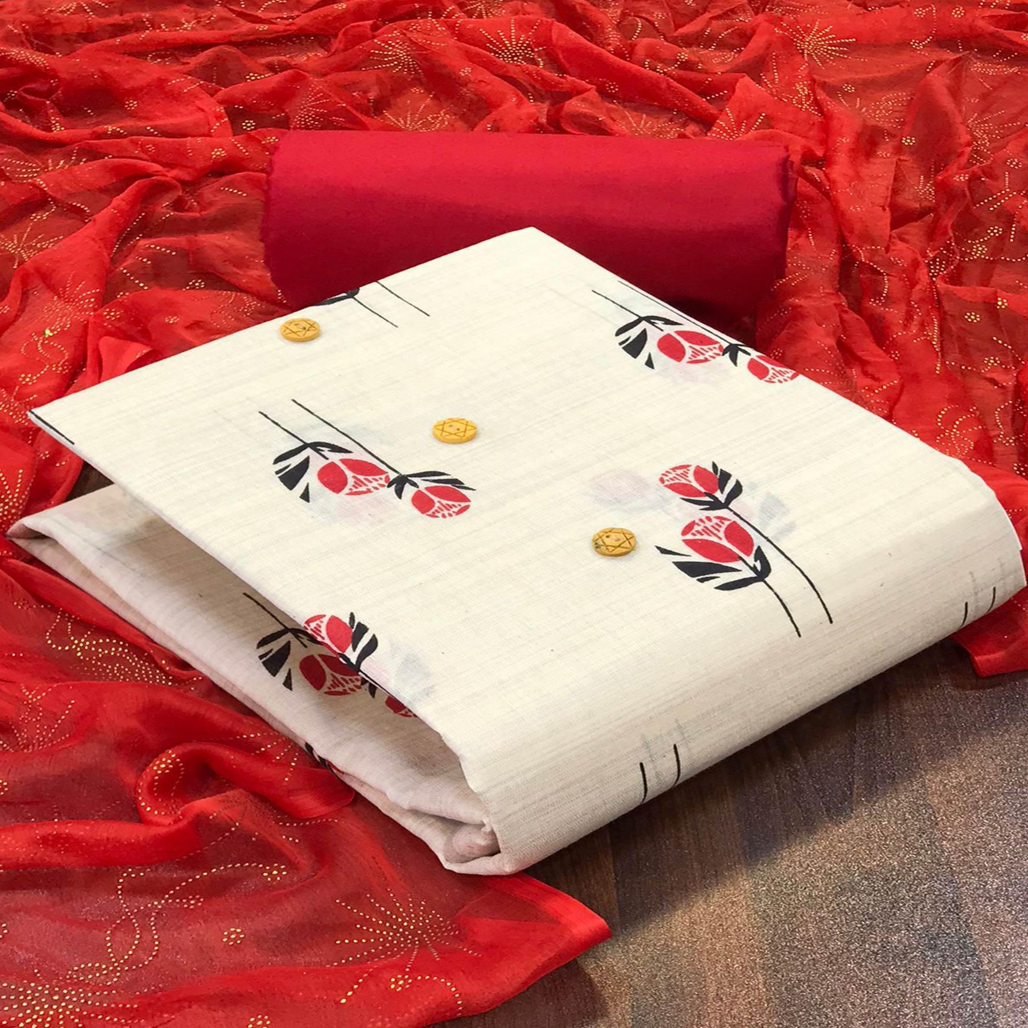Off White - Red Floral Printed Cotton Blend Dress Material - Peachmode