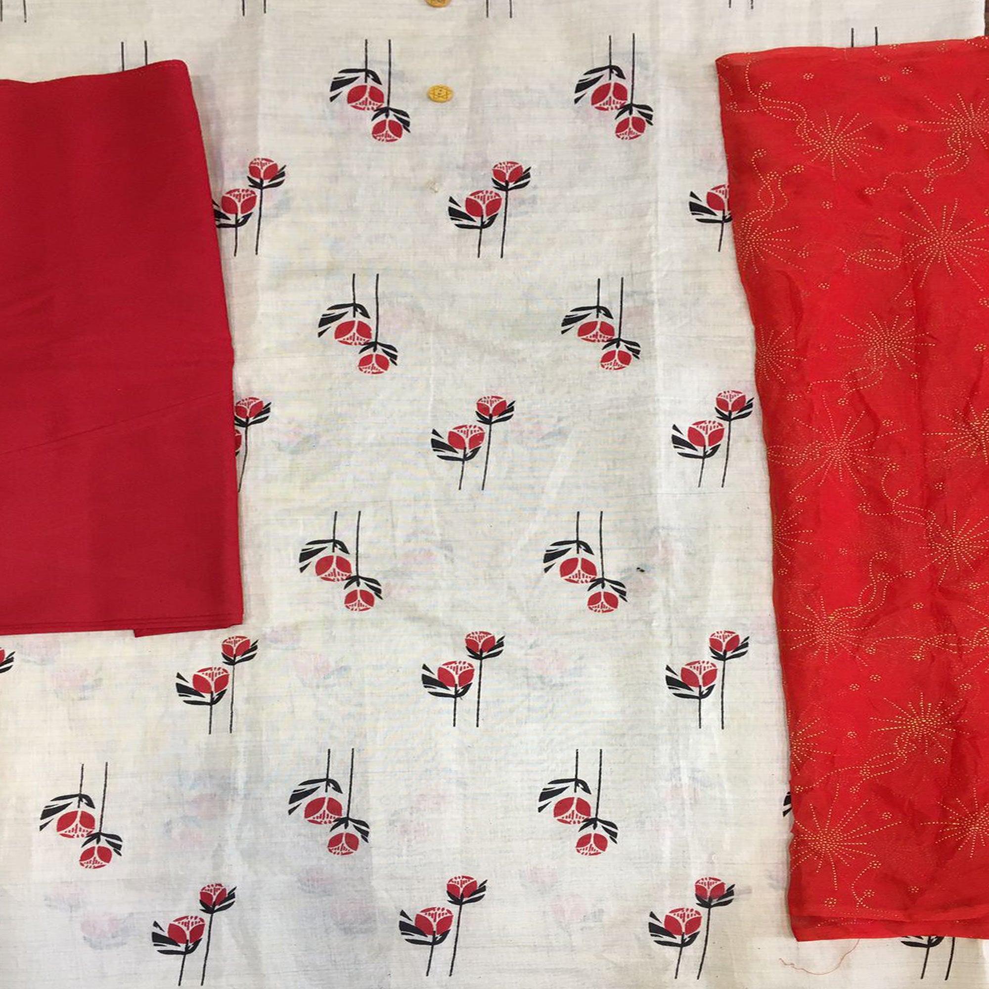 Off White - Red Floral Printed Cotton Blend Dress Material - Peachmode