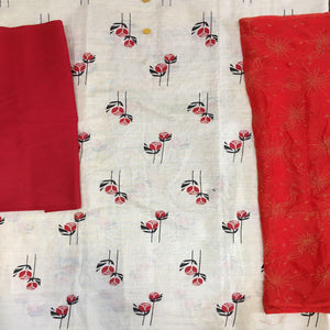 Off White - Red Floral Printed Cotton Blend Dress Material - Peachmode