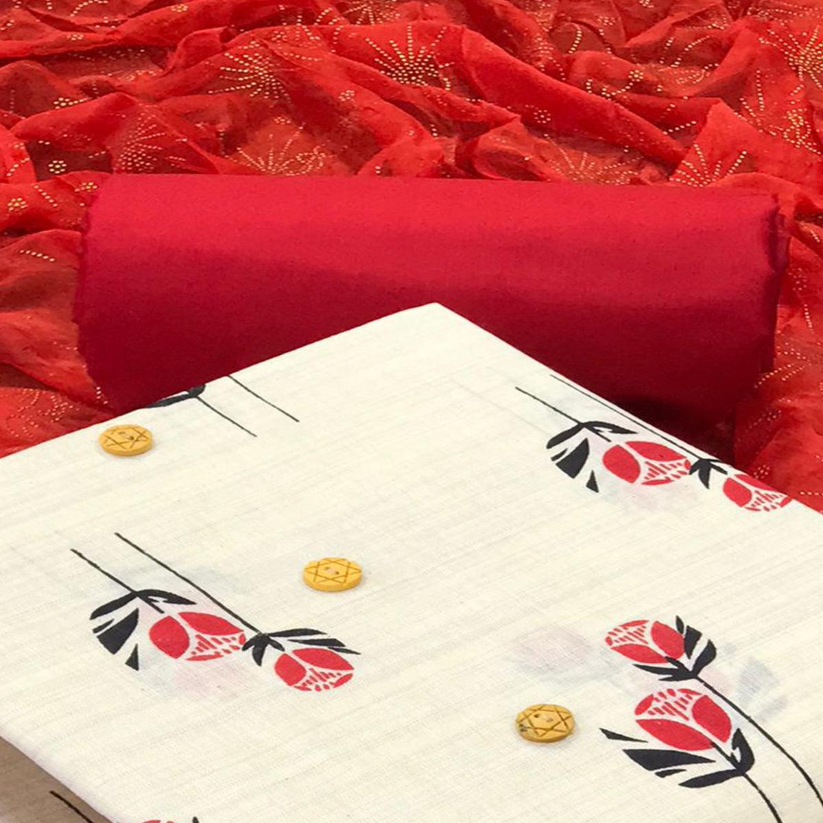 Off White - Red Floral Printed Cotton Blend Dress Material - Peachmode