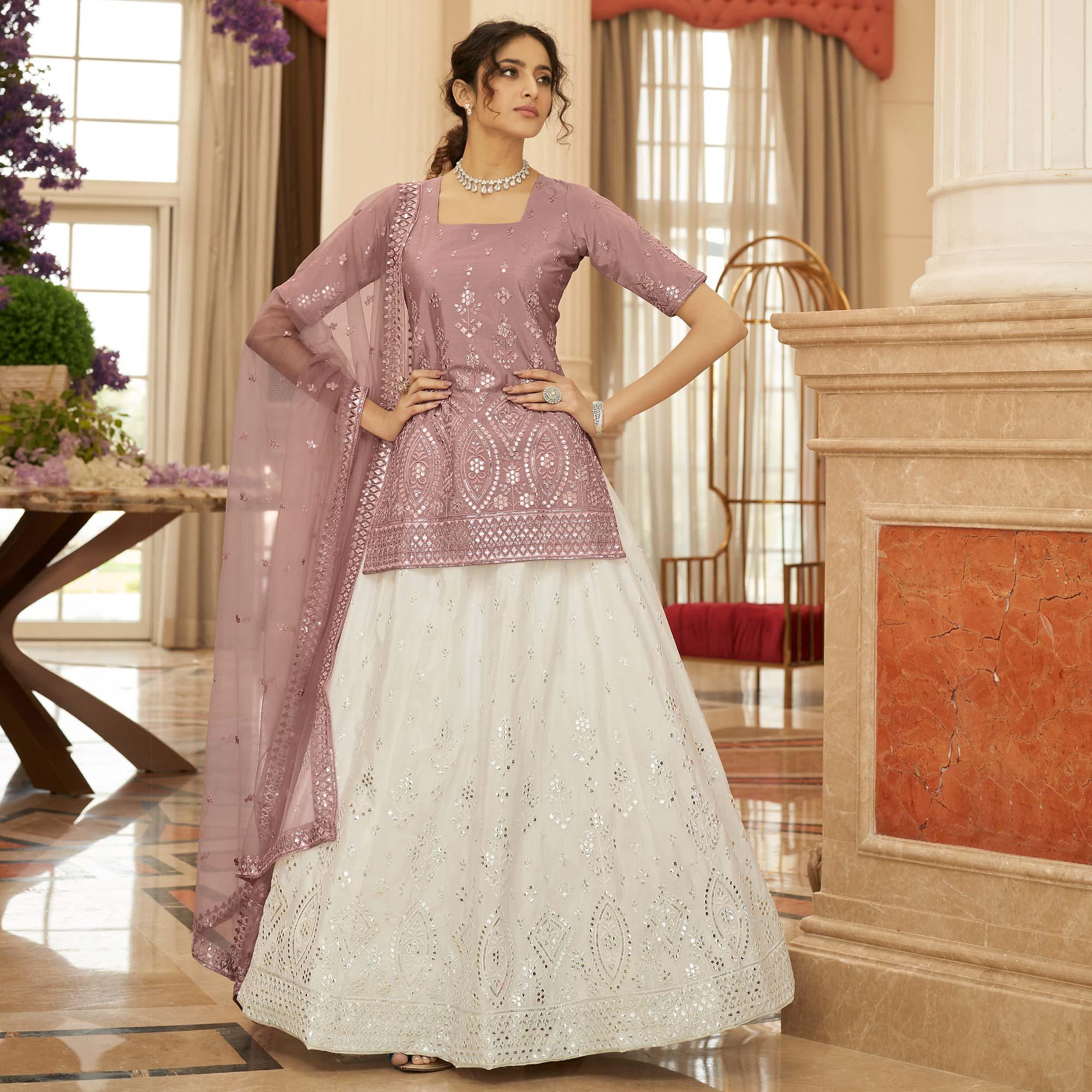 Off White Sequence Embroidered Chiffon Lehenga Choli - Peachmode