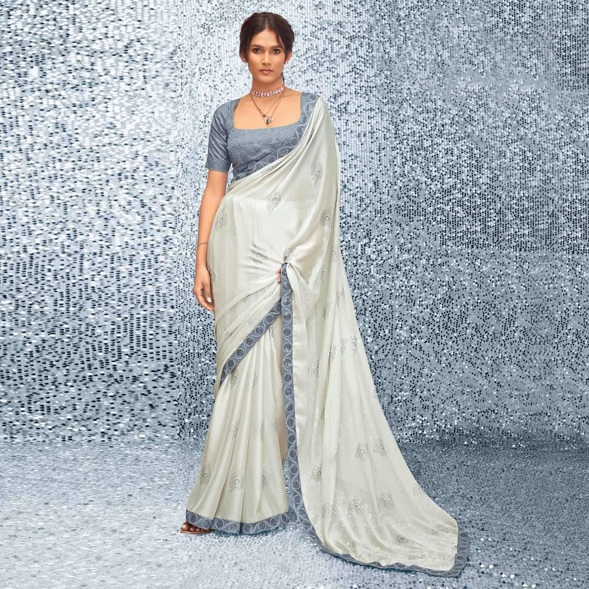 Off-White Sequence Embroidered Chiffon Saree - Peachmode