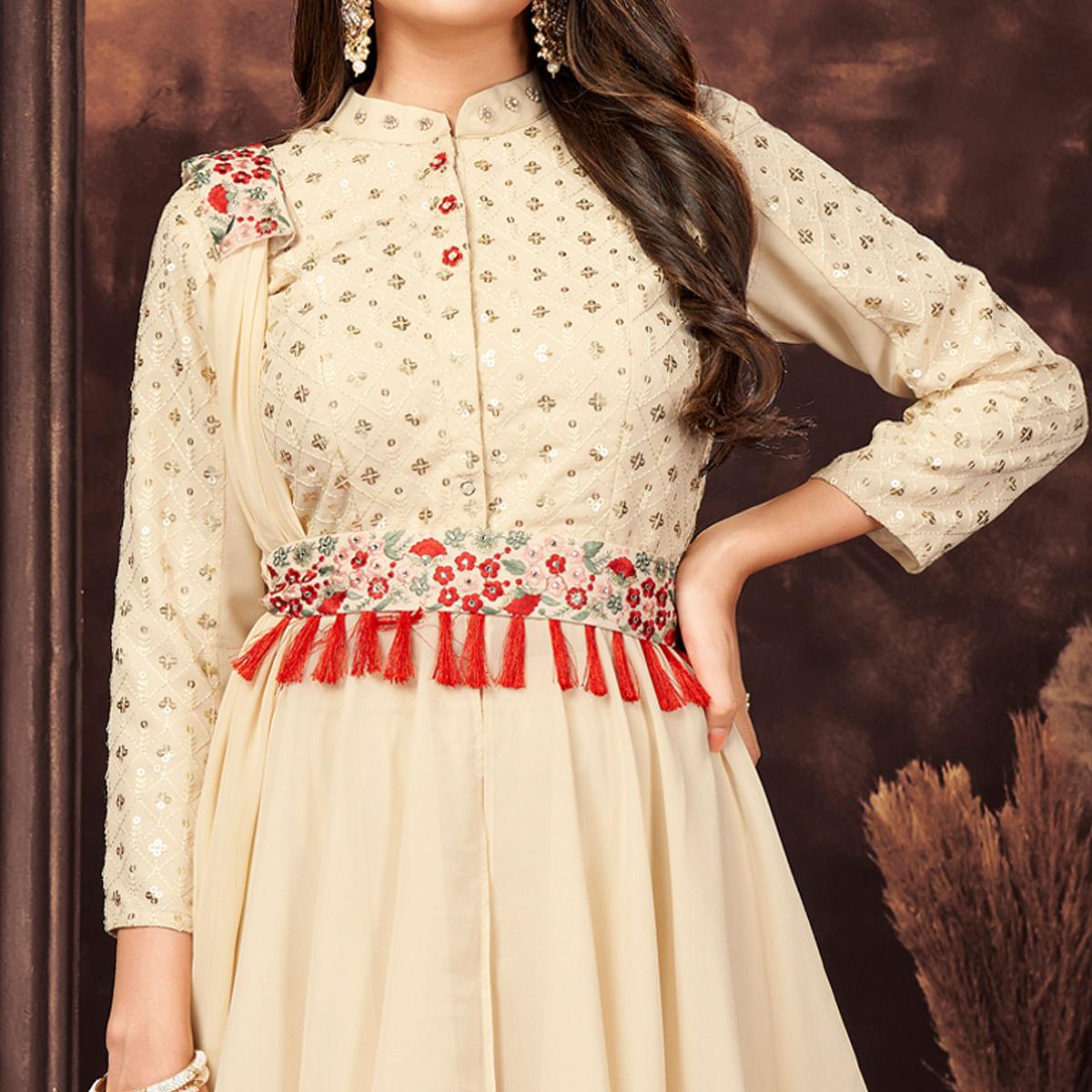 Off-White Sequence Embroidered Georgette Sharara Suit - Peachmode