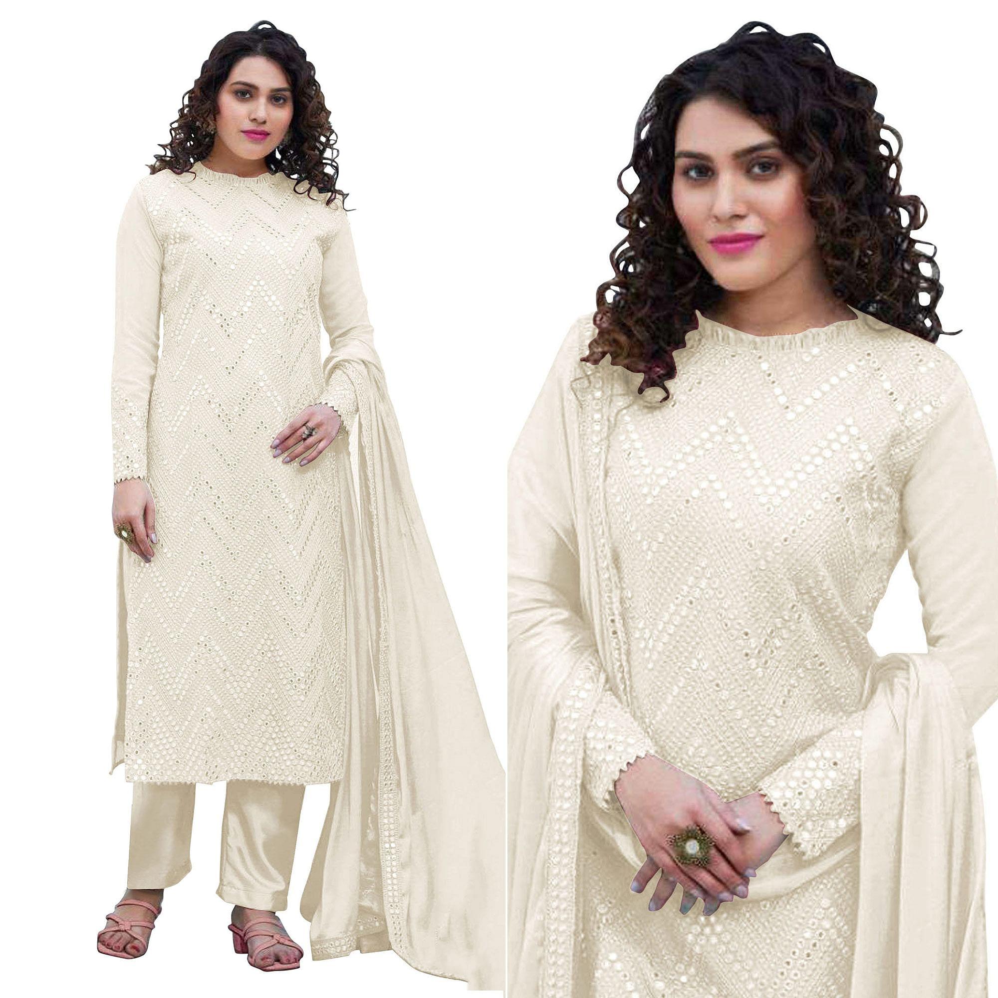 Off White Sequence Embroidered Georgette Suit - Peachmode