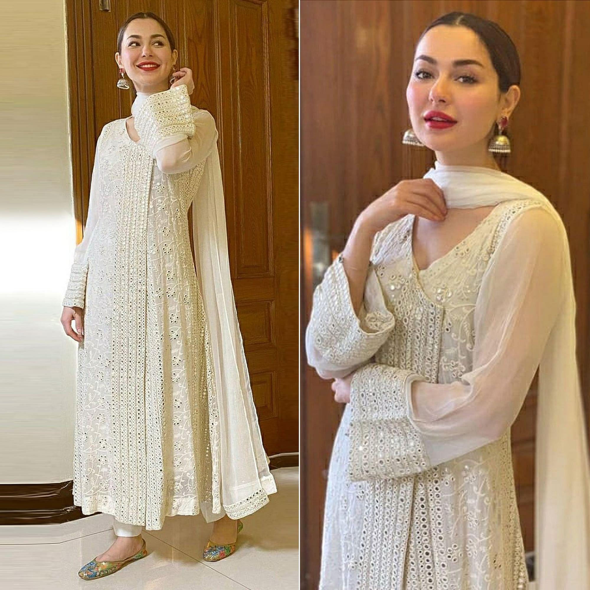 Off White Sequence Embroidered Georgette Suit - Peachmode
